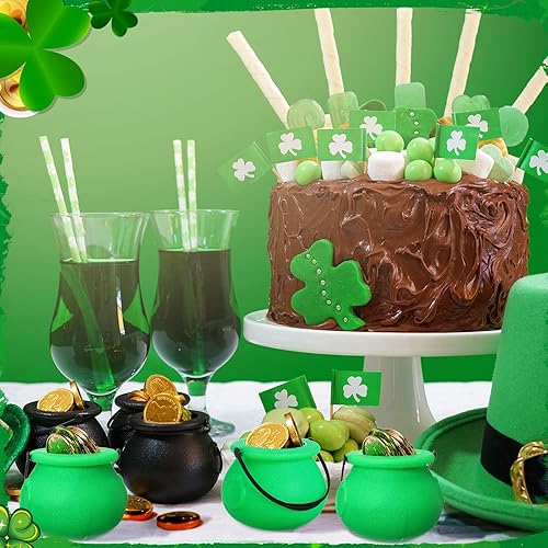 Miniatura 7 de Yunsailing 30 hervidores de caldero del día de San Patricio, mini olla de plástico con asa, cubo de monedas de caramelo negro y verde para fiesta
