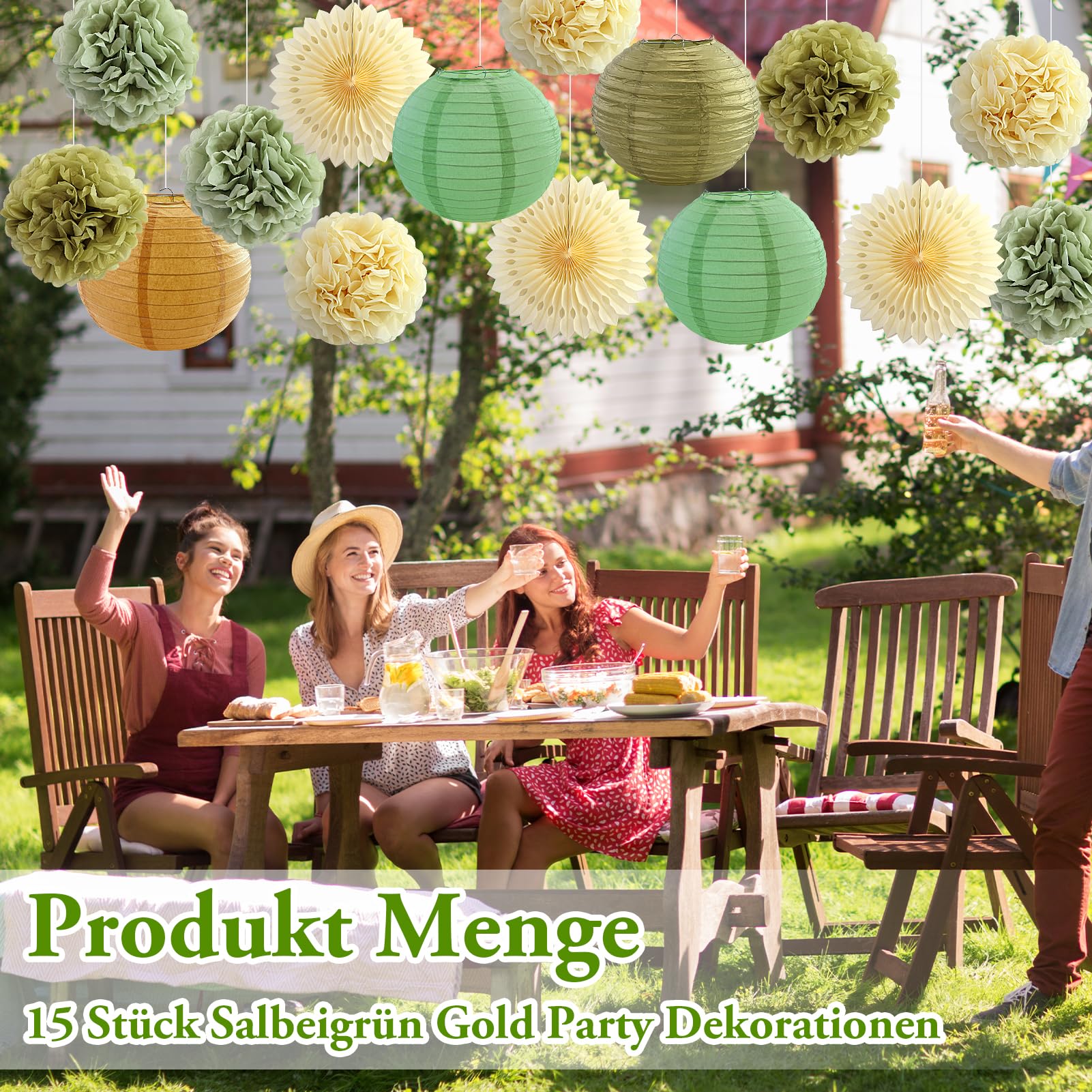 15 pezzi Decorazioni per feste verde salvia e oro, lanterne di carta verde salvia, pompon per matrimoni, fidanzamenti, baby shower, compleanni, feste