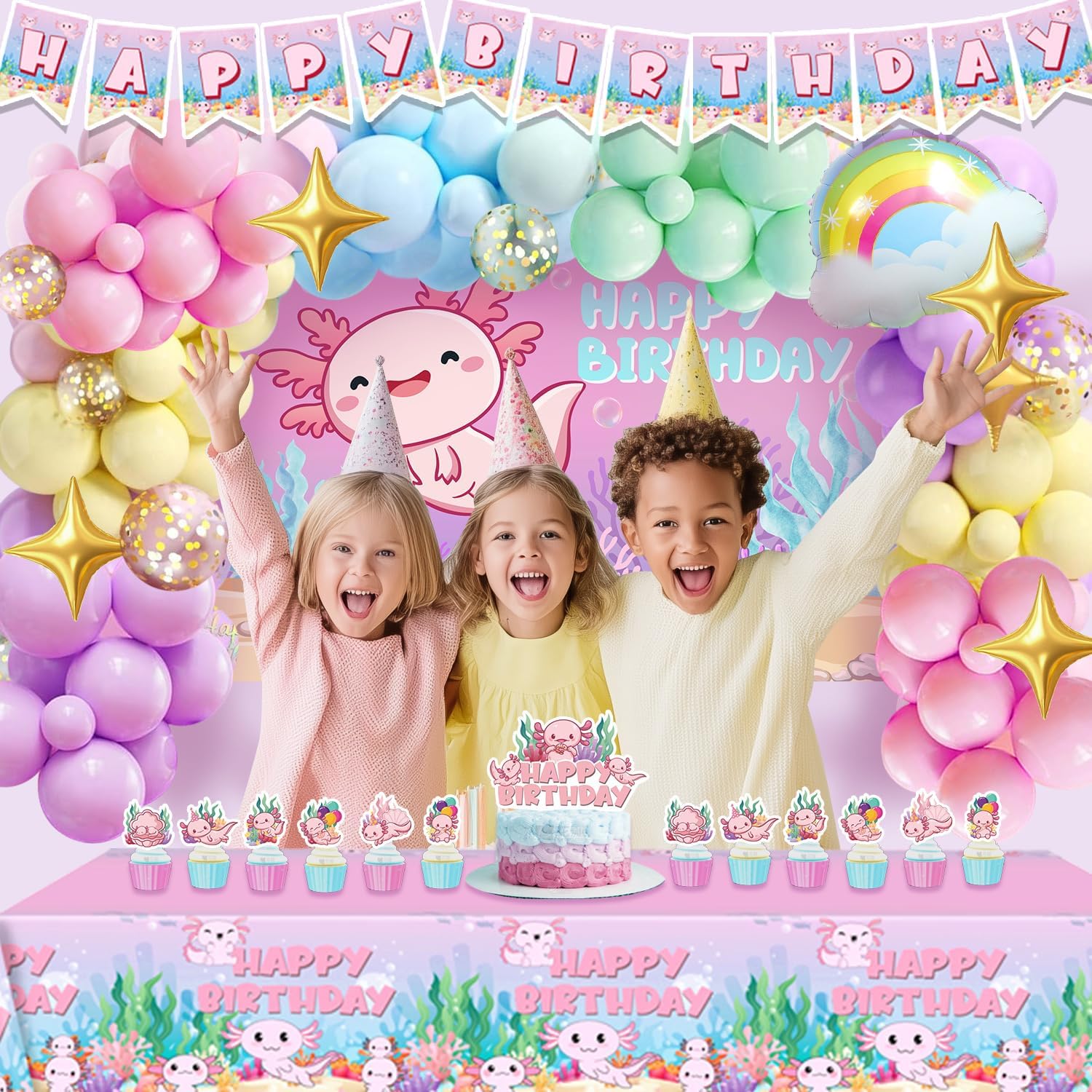 Axolotl Birthday Party Decorations for Girls - 100pcs Balloons Garland Kit, Axolotl Backdrop, Happy Birthday Banner, Tablecloth, Rainbow Balloons, Axolotl Cake and Cupcake Toppers