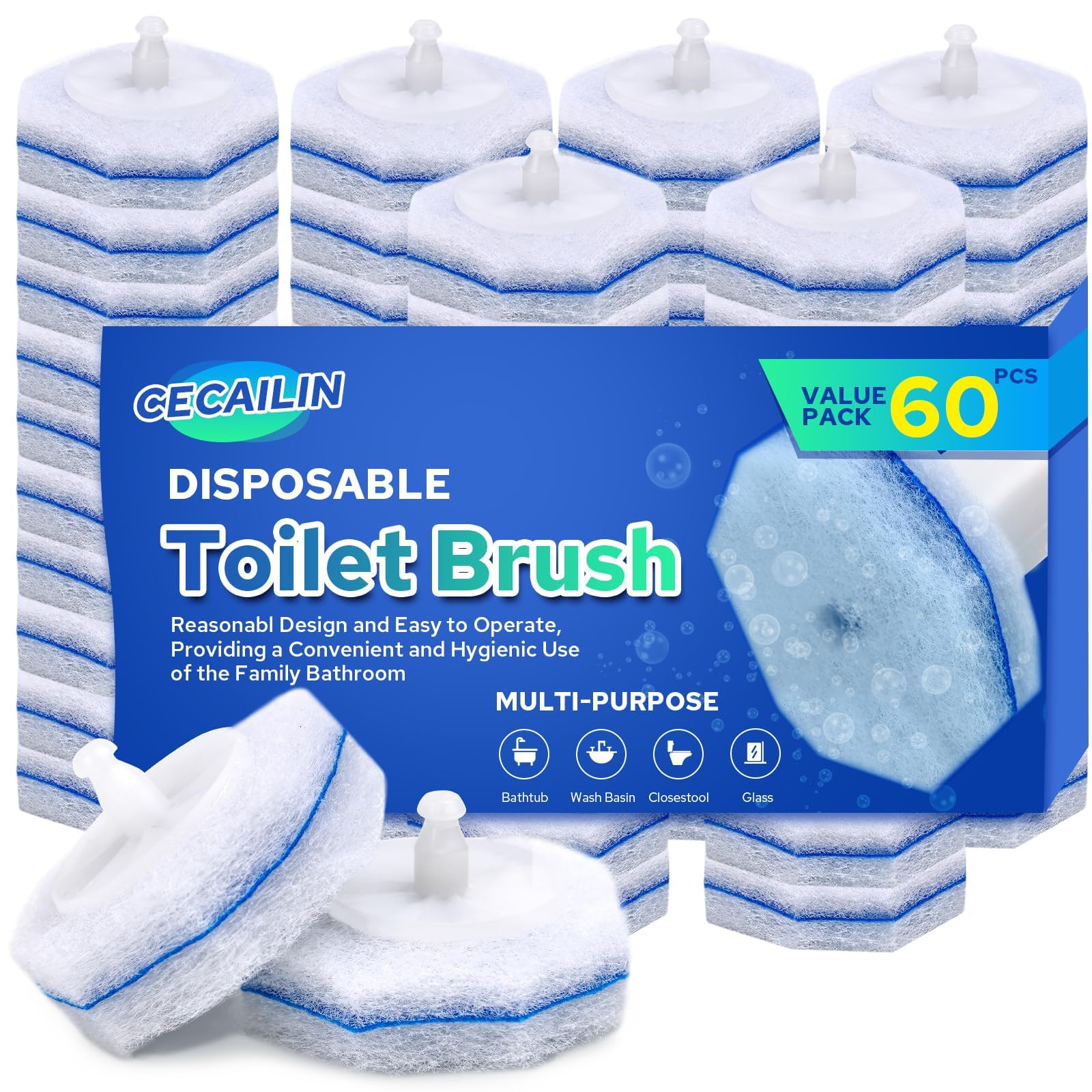 Cecailin 60pcs Toilet Bowl Cleaner Refills, Scrubber Pads Value Pack