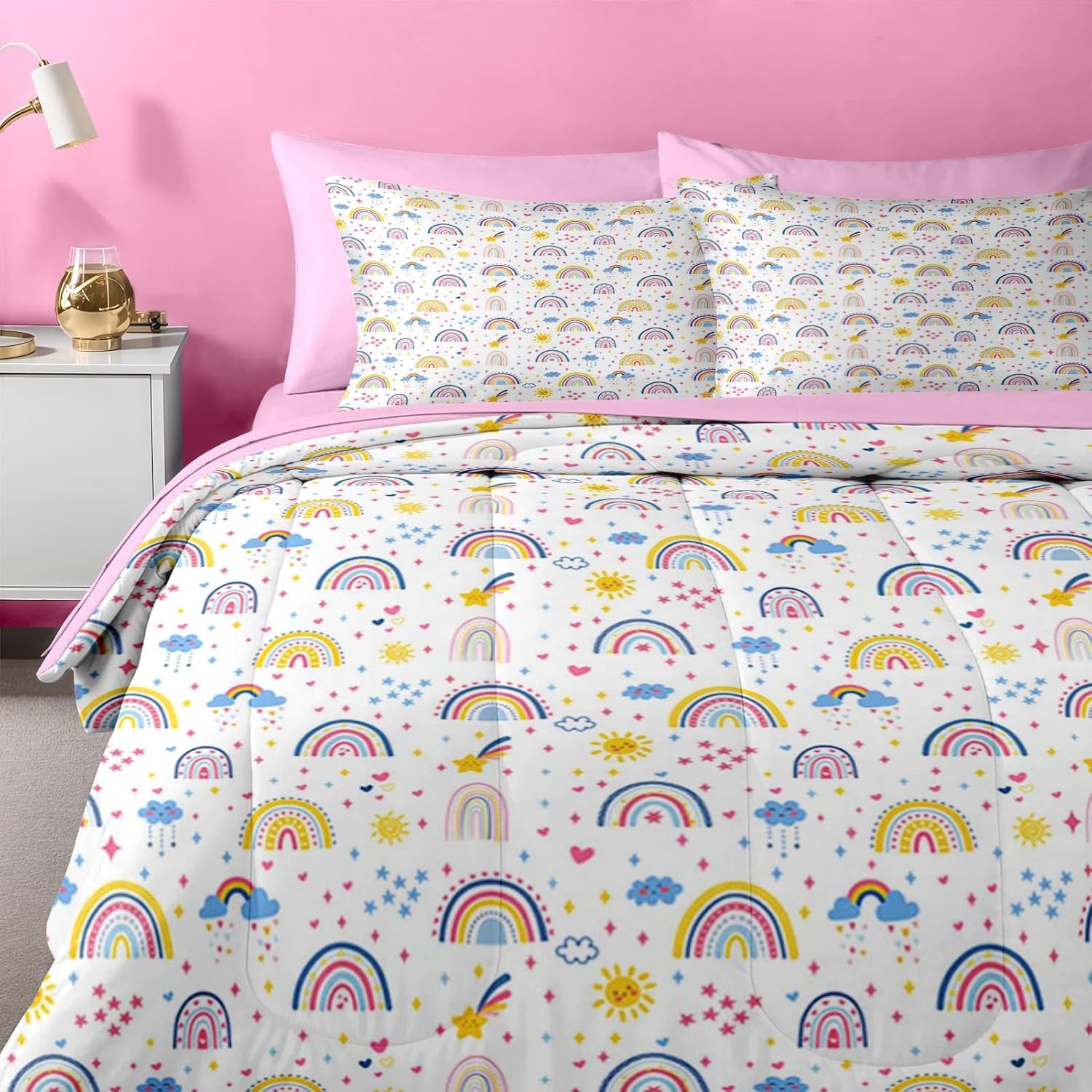 Nesker 7 Pcs Comforter Set Queen Size, Colorful Cartoon Bedding for Kids Teen, Cute Boho Rainbow with Fitted Sheet 2 Pillowcases & 2 Shams for Bedroom Bed Decor - Image 5