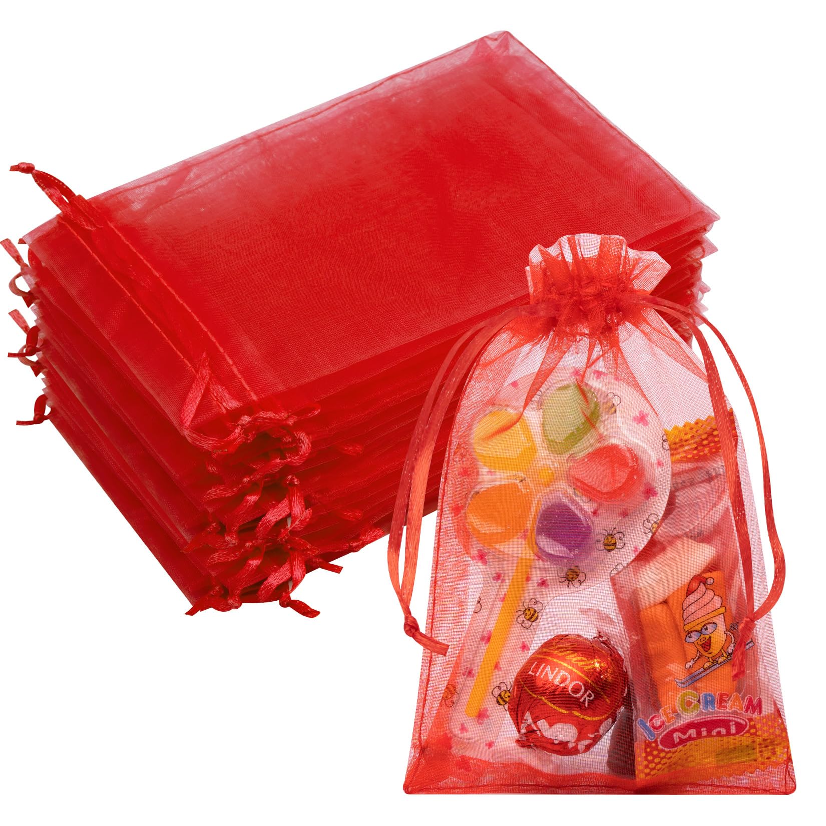 50PCS Red Organza Bags 4x6, Small Gift Bags Sheer Mini Mesh Pouches Drawstring Baggies for Women Jewelry Makeup Candy Soap Goodie Birthday Wedding Favors Halloween Christmas, Gifts Wrapping