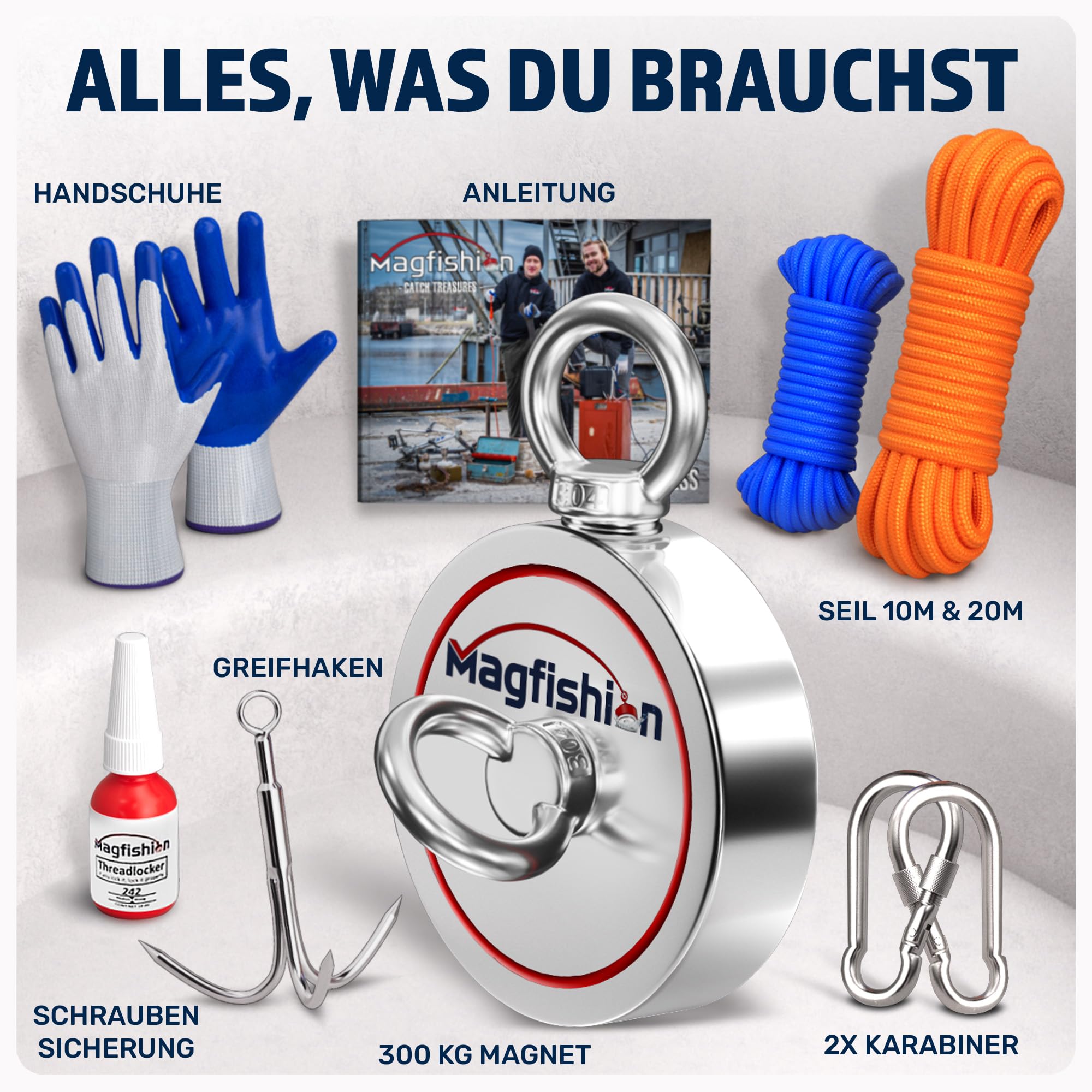 MAGFISHION Magnetfischen Mega Set - 300 KG (2 x 150kg) - Ø60mm - Neodym Magnet mit 2 Seilen, Greifhaken & Handschuhe - Magnet Fischen Angel - Ösenmagnet - Fishing Magnetangel - Magnetangeln Set