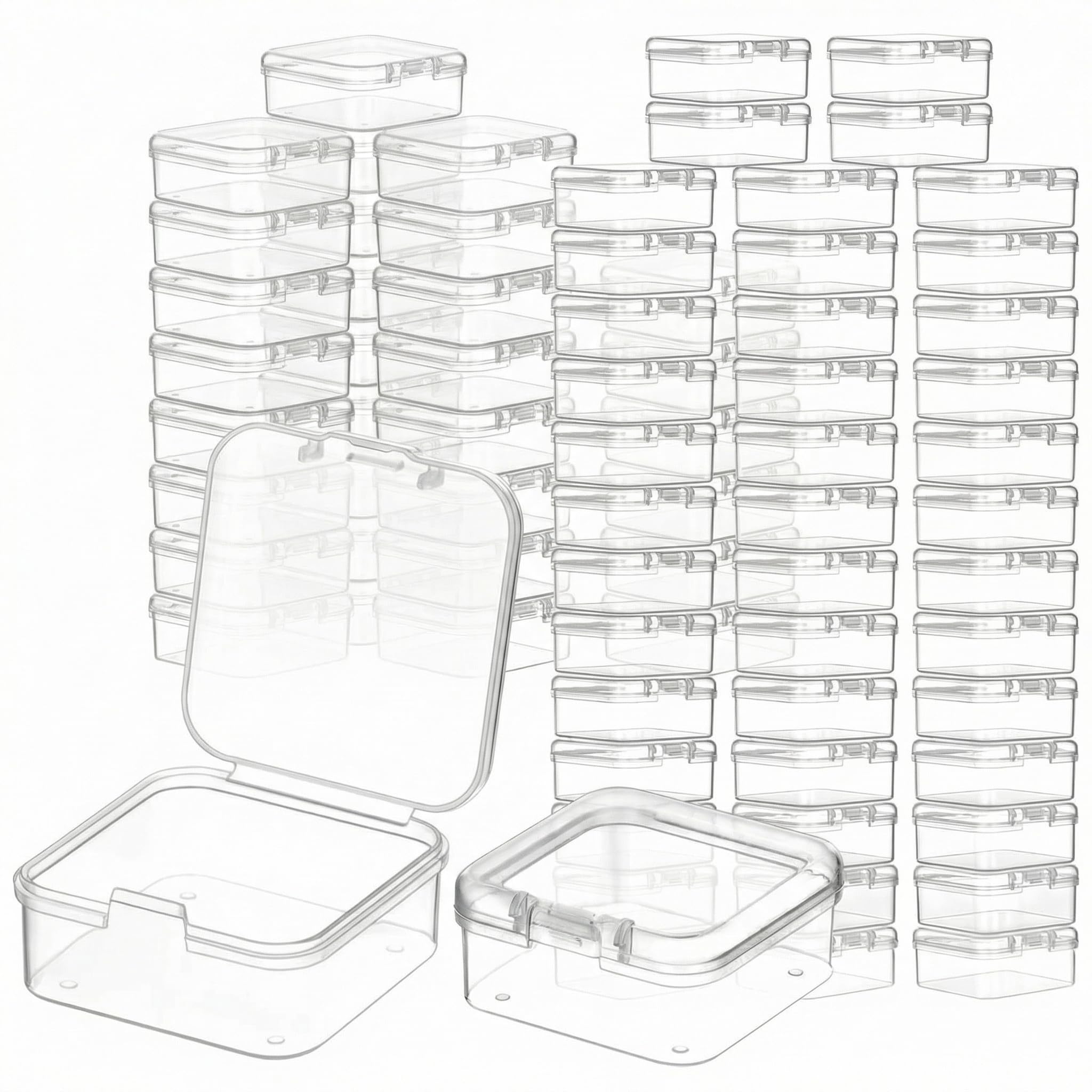 QWORK® 48Pcs Small Plastic Storage Box with Hinged Lid, Square Storage Containers for Beads, Jewelry and Craft Items - 45 x 45 x 20 mm (1.8x1.8x0.8 Inch)