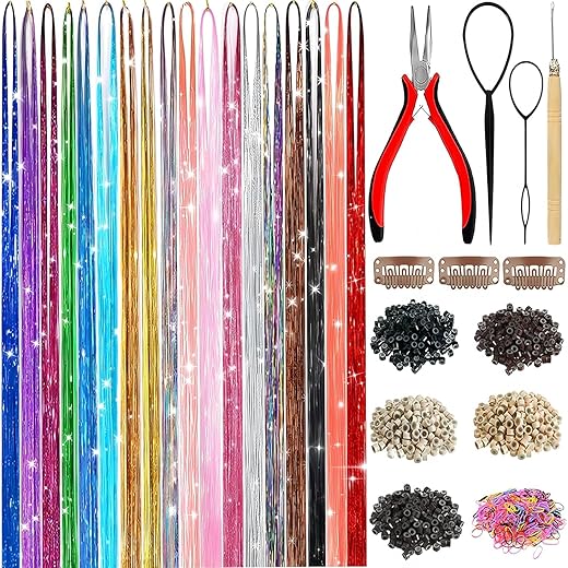 Hair Tinsel,18 Colors Hair Tinsel Kit for Girls 7600 Strands Fairy Tinsel Hair Extensions Holographic Hair Tinsel Heat Resistant Colored Hair Glitter Christmas Party Festival (18 Colors)