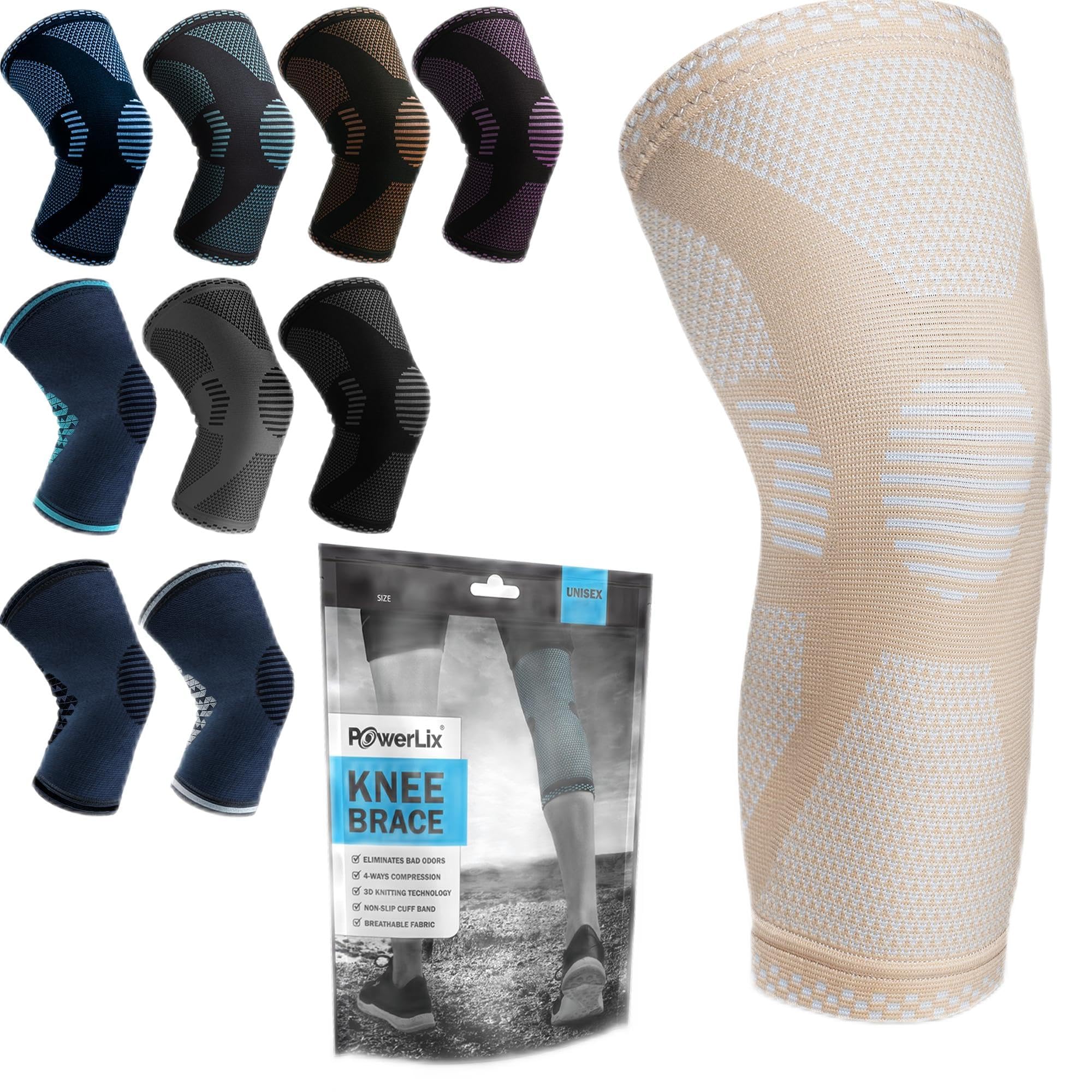 POWERLIX Supporto per Ginocchio da Uomo/Donna, Ginocchiera, Fascia a Compressione, Supporto per Artrite, Dolore alle Articolazioni, Lesioni dei Legamenti, Rottura del Menisco, Beige, L