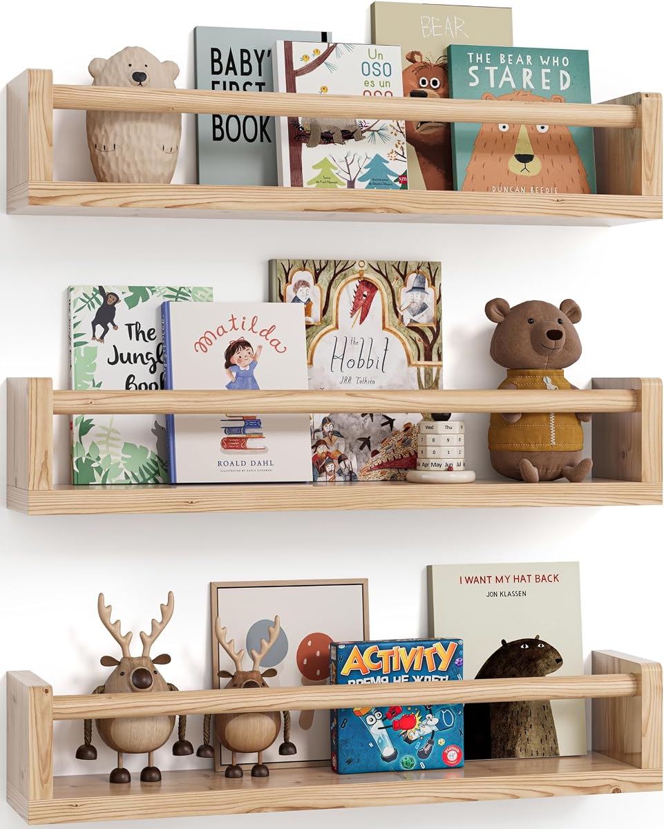 G&W Gruwald Nursery Book Shelves, Set of 3, Hanging Bookshelf, Wall Book Shelves for Bedroom Kids, Floating Shelf for Wall, Nursery Decor