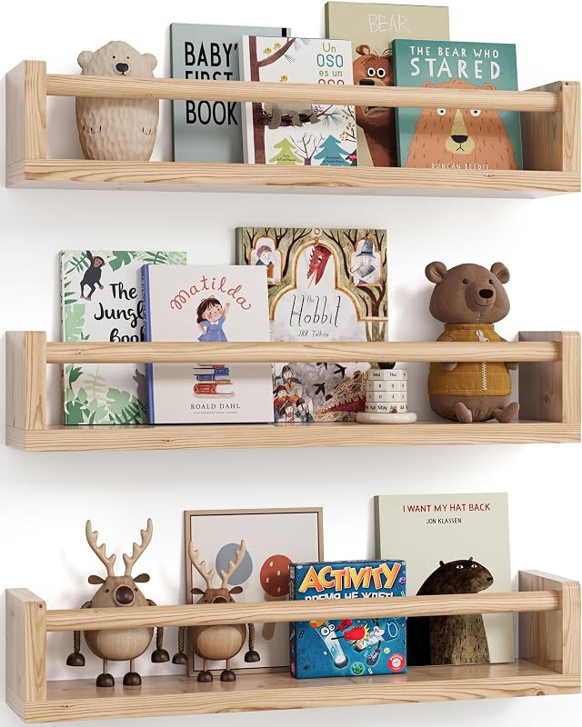 G&W Gruwald Nursery Book Shelves, Set of 3, Hanging Bookshelf, Wall Book Shelves for Bedroom Kids, Floating Shelf for Wall, Nursery Decor