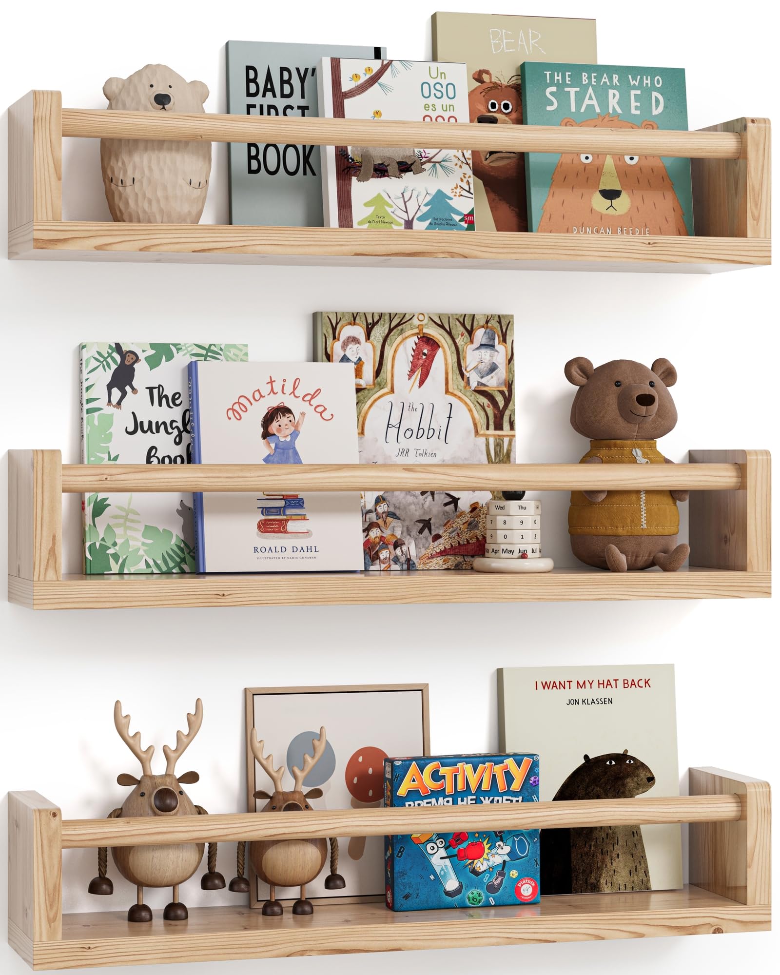G&W Gruwald Nursery Book Shelves, Set of 3, Hanging Bookshelf, Wall Book Shelves for Bedroom Kids, Floating Shelf for Wall, Nursery Decor