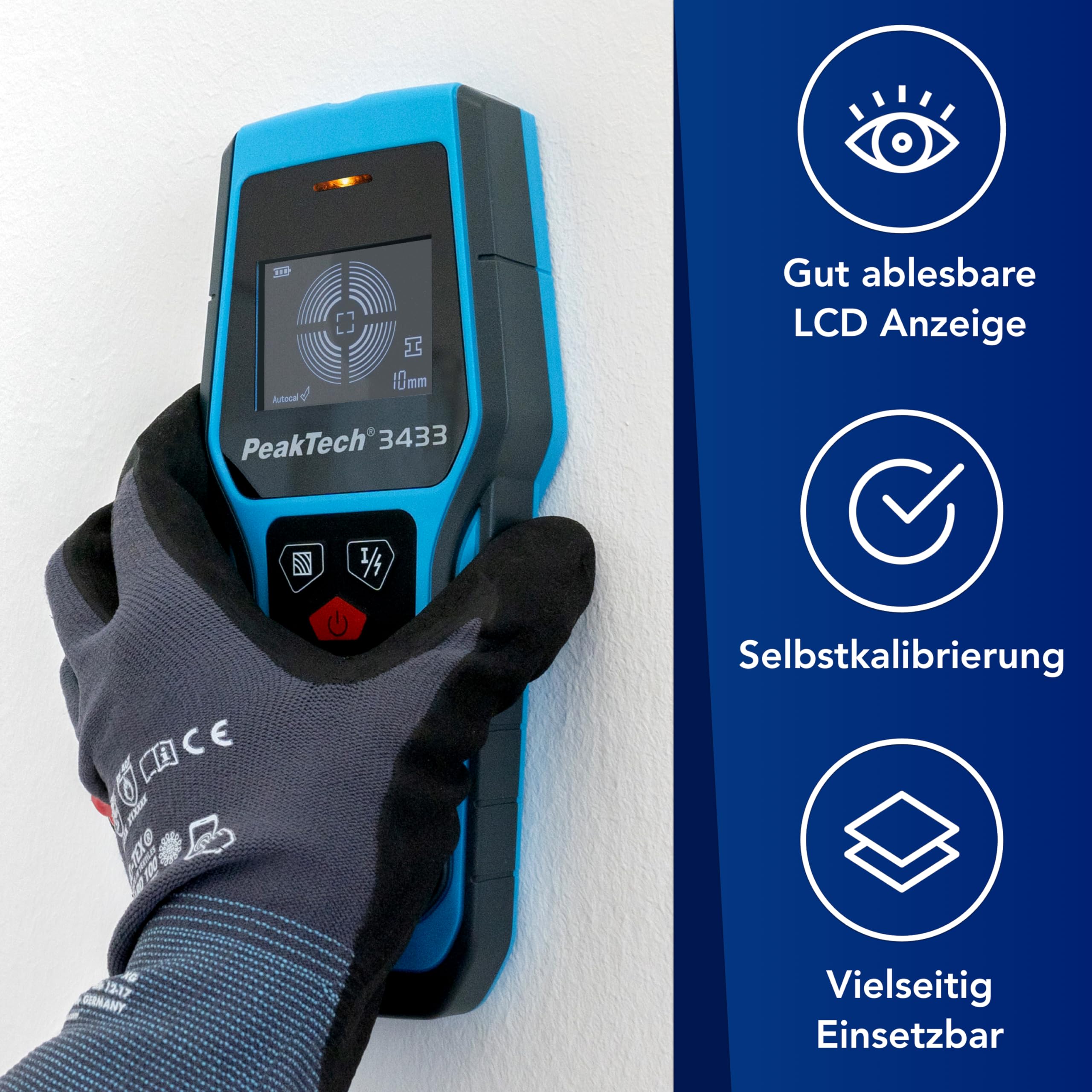 PeakTech P 3433 – Professionelles Leitungssuchgerät – Digitaler Leitungssucher für Stromleitungen, Metall, Balken und Holz – Leitungsfinder mit Selbstkalibrierung und LED-Anzeige – Wandscanner