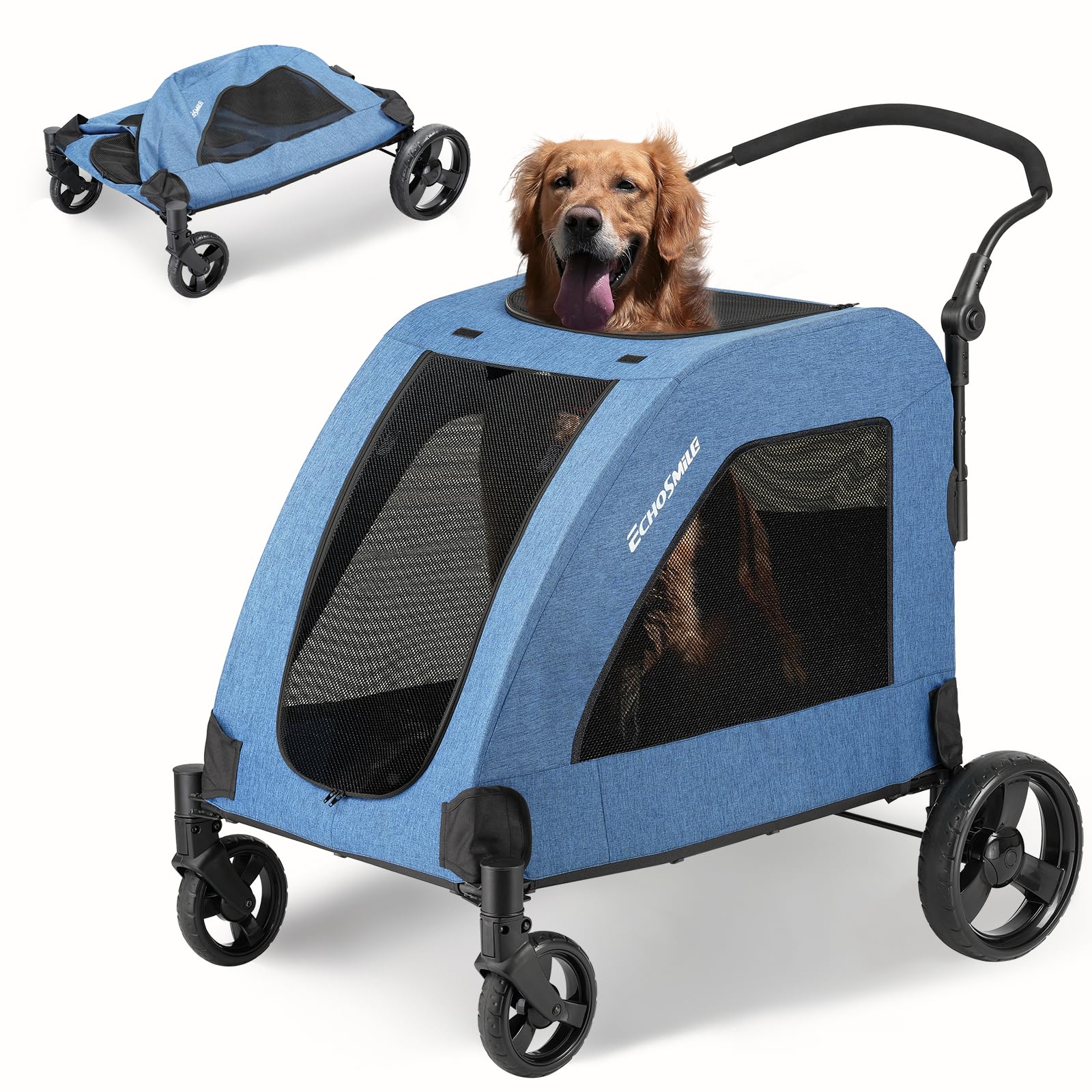EchoSmile Carrito para Perros Medianos y Grandes 70 kg Plegable, con Asa Ajustable y 4 Ruedas Todoterreno, Azul