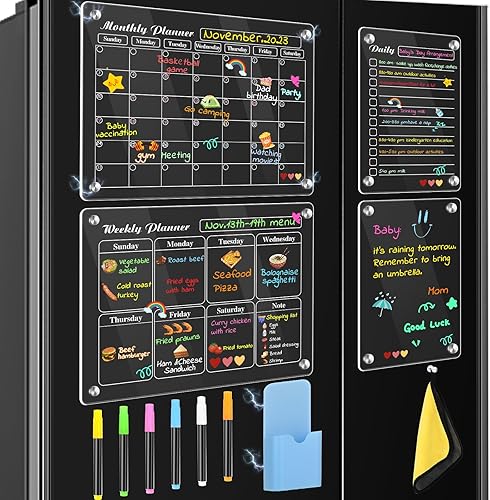 LOVIMAG Paquete de 4 calendarios magnéticos acrílicos para nevera, mensual, semanal, diario y en blanco, juego de calendario magnético para nevera,