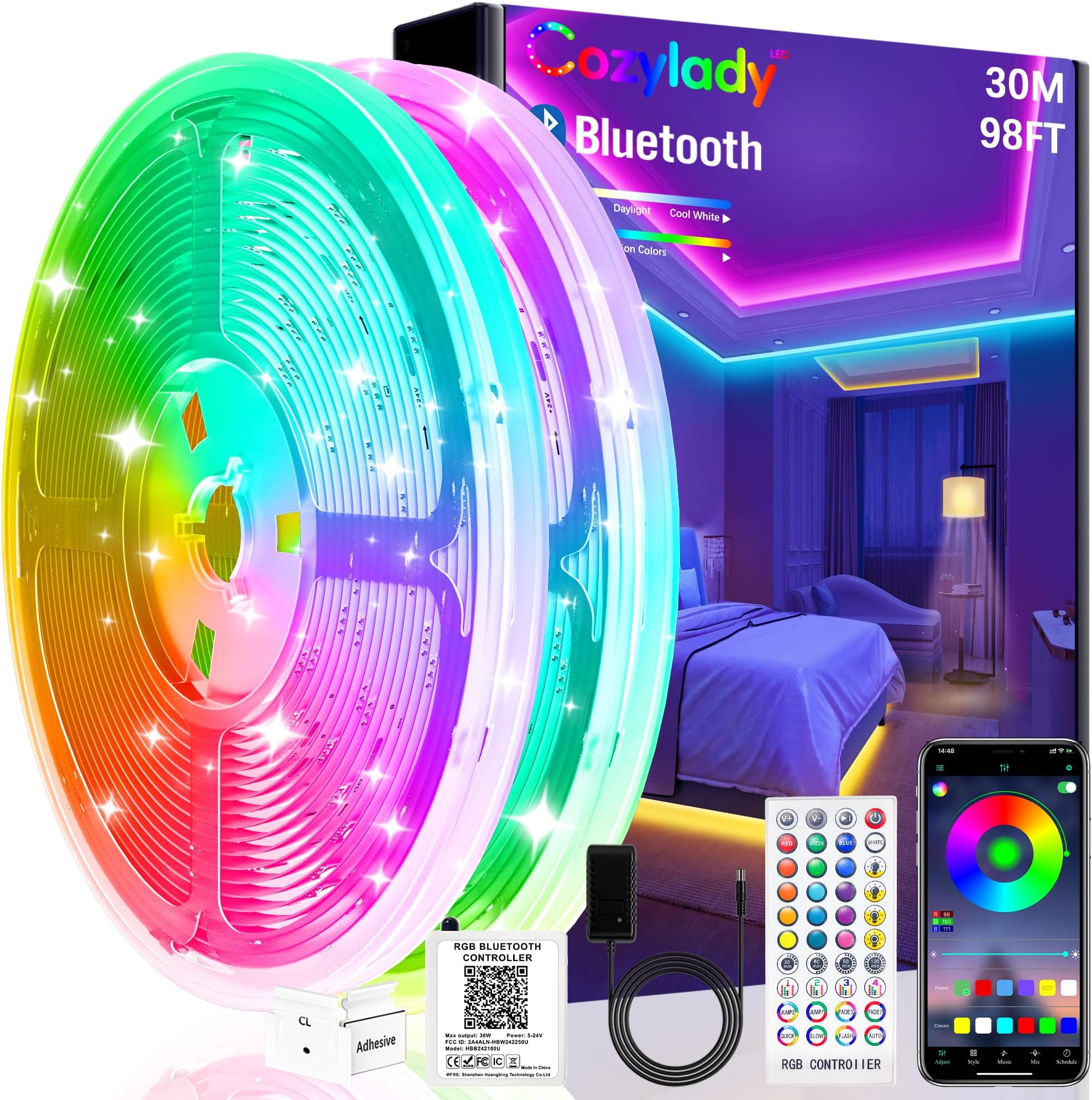 30M Bluetooth LED Strip Lights, Music Sync LED Lights Strip, RGB Color Changing LED Lights with Remote,Smart Phone APP Control, LED Lights for Bedroom,TV,Room DIY (APP+Remote +Mic)