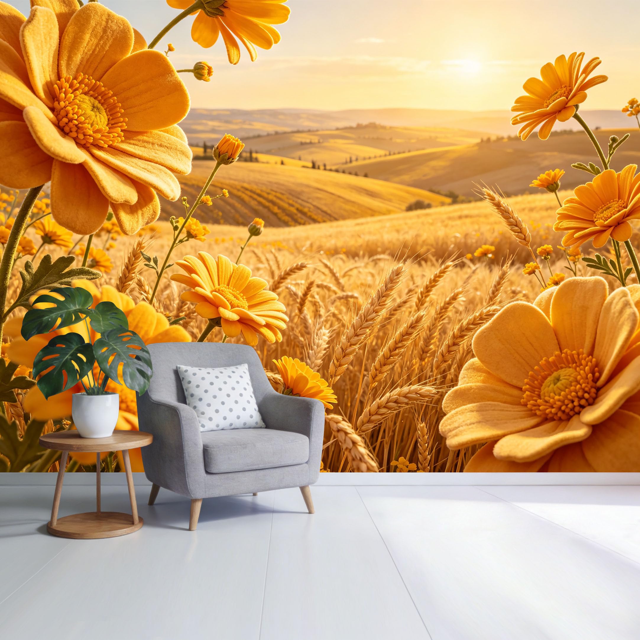 Custom Size Wall Mural Golden Daisy Flower Field at Sunset Landscape Botanical Style SelfAdhesive Wall Fabric Removable Wallpaper for Home Office Decor