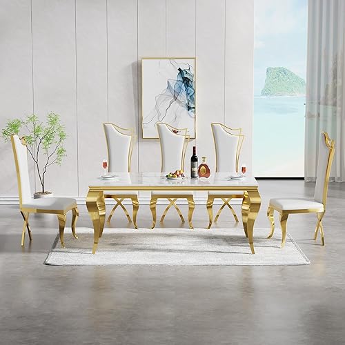 Miniatura 2 de Juego de mesa de comedor de 7 piezas para 6, mesa de cocina de mármol sintético blanco de 70 pulgadas con 6 sillas de cuero sintético de respaldo