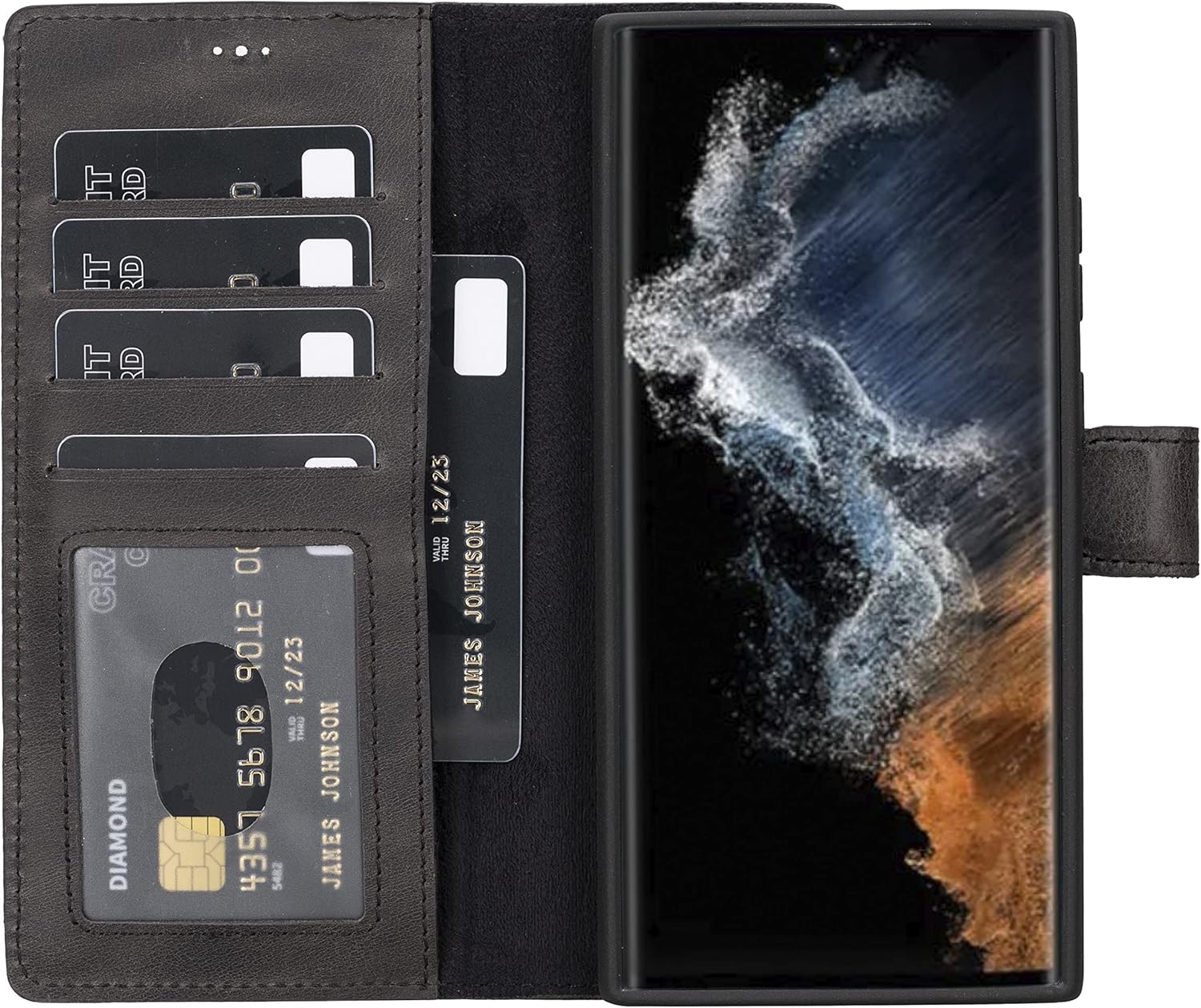 HARDISTON Compatible with Galaxy S23 Ultra Wallet Case - Handmade - Detachable Magnetic Flip Cover with Card Holder & Kickstand (Black)