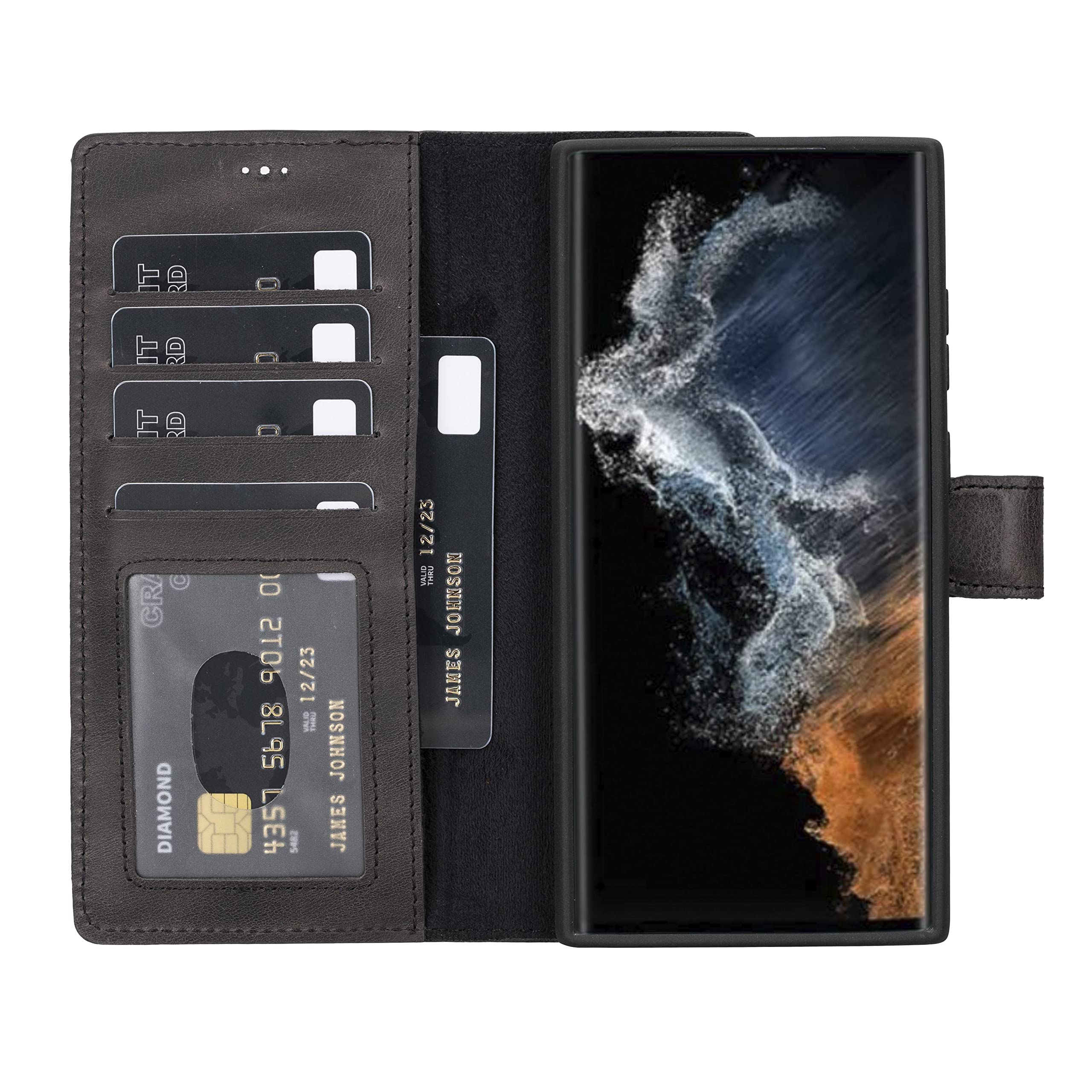 HARDISTON Compatible with Galaxy S23 Ultra Wallet Case - Handmade - Detachable Magnetic Flip Cover with Card Holder & Kickstand (Black)