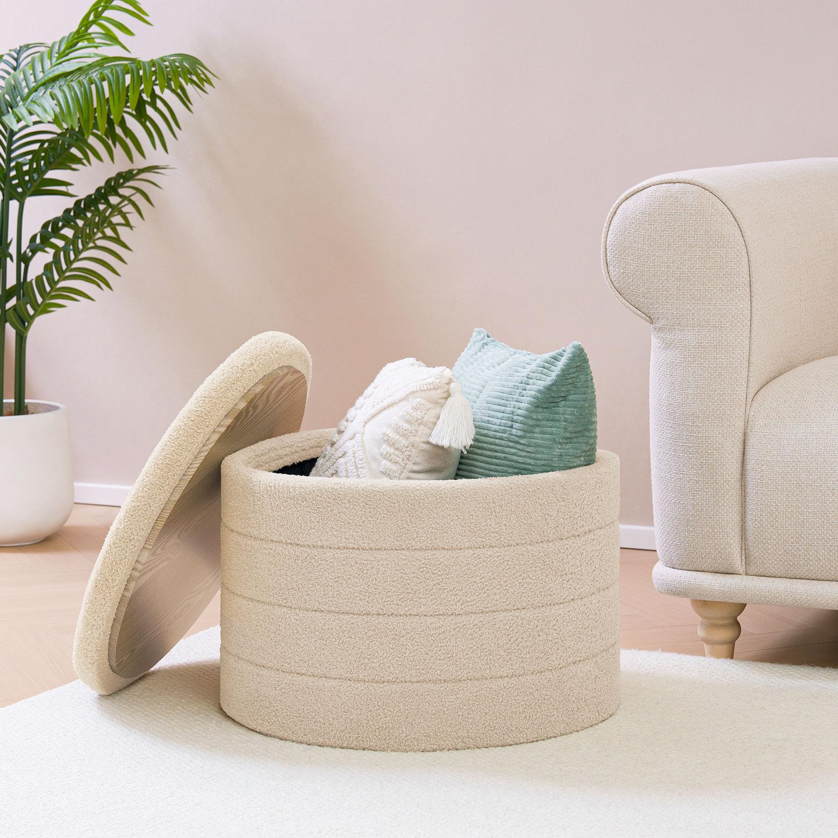 Bonlife Banco con Espacio de Almacenamiento, baúl Plegable, Caja de Almacenamiento, reposapiés, Flores, para Pasillo, Sala de Estar y Dormitorio (Beige, Gran círculo)