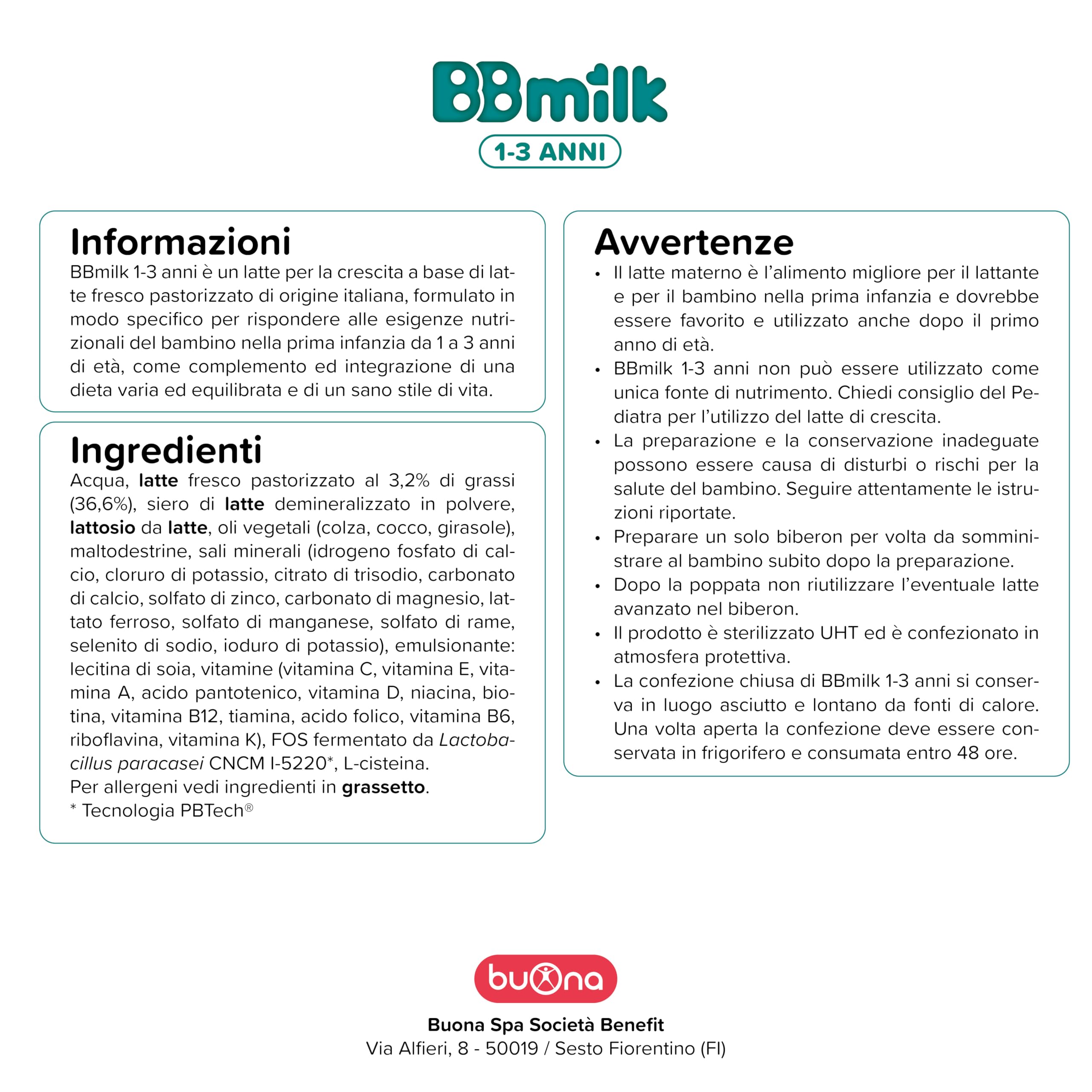 Buona Bb Milk 1-3 anni Liquido Alimento a Fini Medici Speciali per Lattanti Coliche, Stipsi e Disturbi Gastrointestinali Minori Con Postbiotico Latte 1 Liquido Pronto all’Uso dalla Nascita