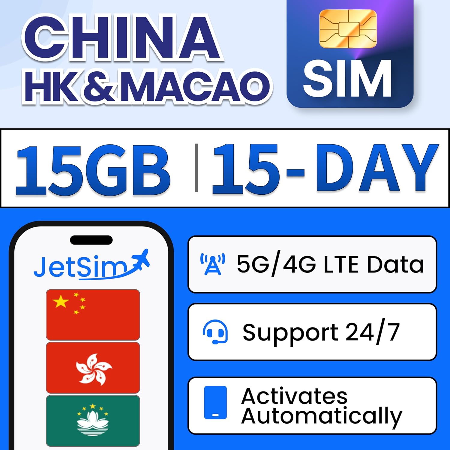 SIM Card for China, Hong Kong, & Macau - 15GB High-Speed Data (1GB Daily), Unrestricted Internet Access - Use Facebook, Instagram & More, Hotspot & Tethering, Prepaid Digital SIM Card (15 Days)