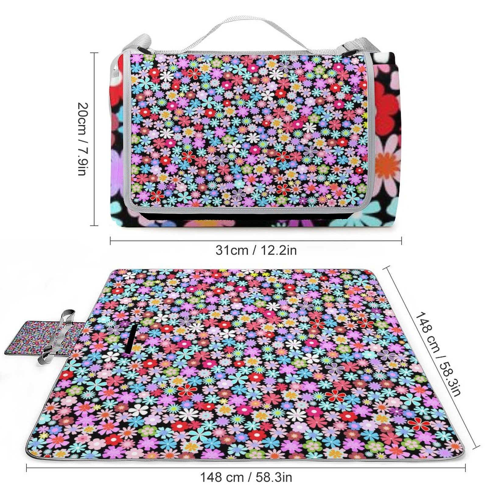 3D Impression Motif De Fleurs Couverture Pique Nique Tapis Pique Nique Nappe Picnic Couverture De Pique-Nique pour Camping, Parc, Jardin 148x148cm