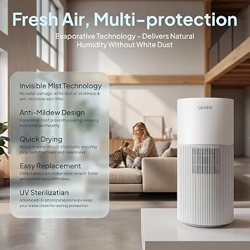 8L Evaporative Humidifier for Large Rooms up to 1000 ft2- Baby Elderly& Pet Safe Cool Evaporation, 900ml/h Output, UV Disinfection, Easy Top Fill,UltraQuiet 28dB, Smart AI Humidity Control Upgraded