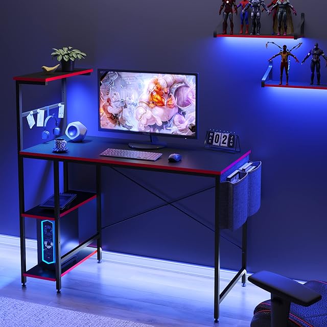Bestier Computer Desk with Shelves Small Corner Desk with LED Lighting 113CM Reversible Computer Desk Writing Table with Side Pocket Storage Bag & Accessories Hanger for Home Office Small Space