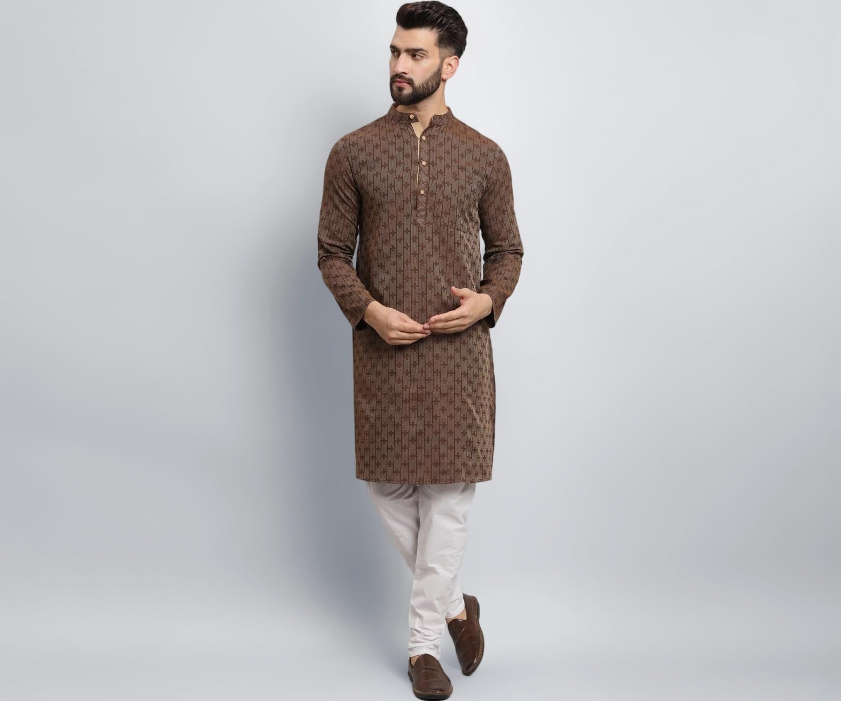 LATEST CHIKAN Men's Cotton Regular Striped Knee Lenght Kurta Full Sleeves