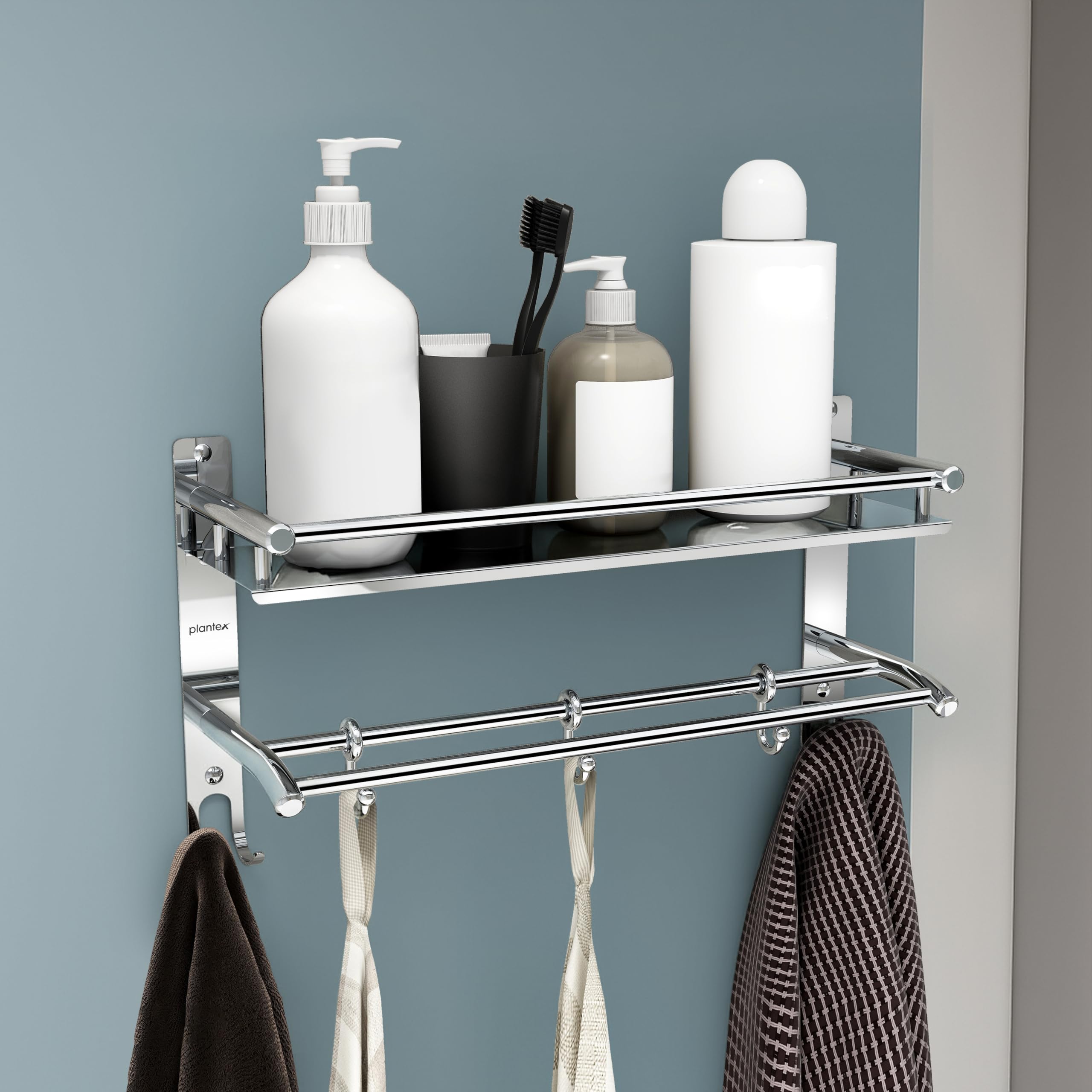 Plantex Bathroom Stand for Wall/Rack for Bathroom/Multipurpose Stainless Steel Bathroom Shelf with Hooks & Towel Holder/Bathroom Accessories (2-Tier, Chrome, Polished)-picture-18