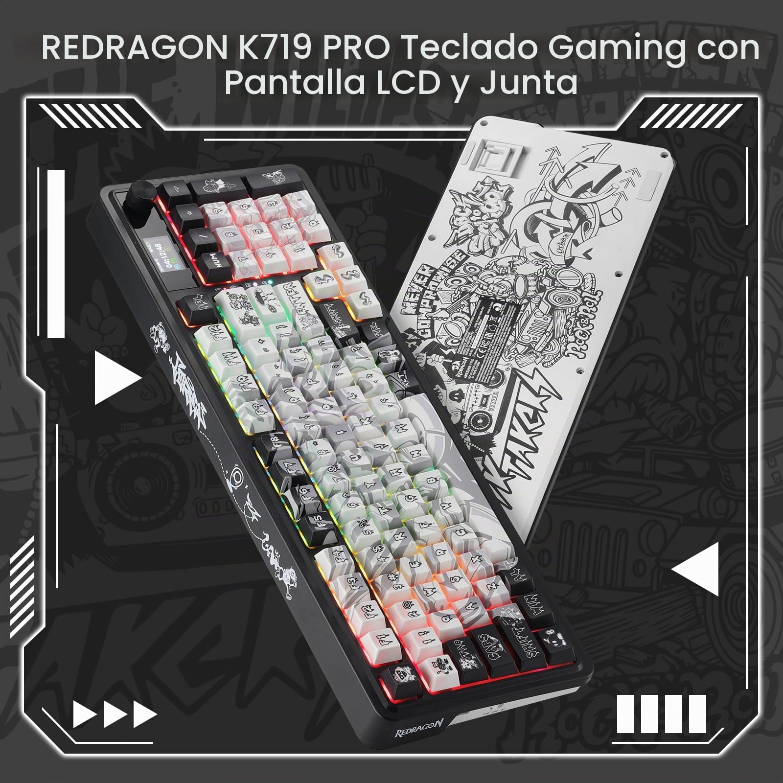 Redragon K719 Pro Teclado Gaming Inalámbrico Pantalla TFT Perilla 95 Teclas | Pantalla TFT 1.14 Pulgadas Fácil Control Amortiguación Ruido Mecánico Gasket Conexión Estable
