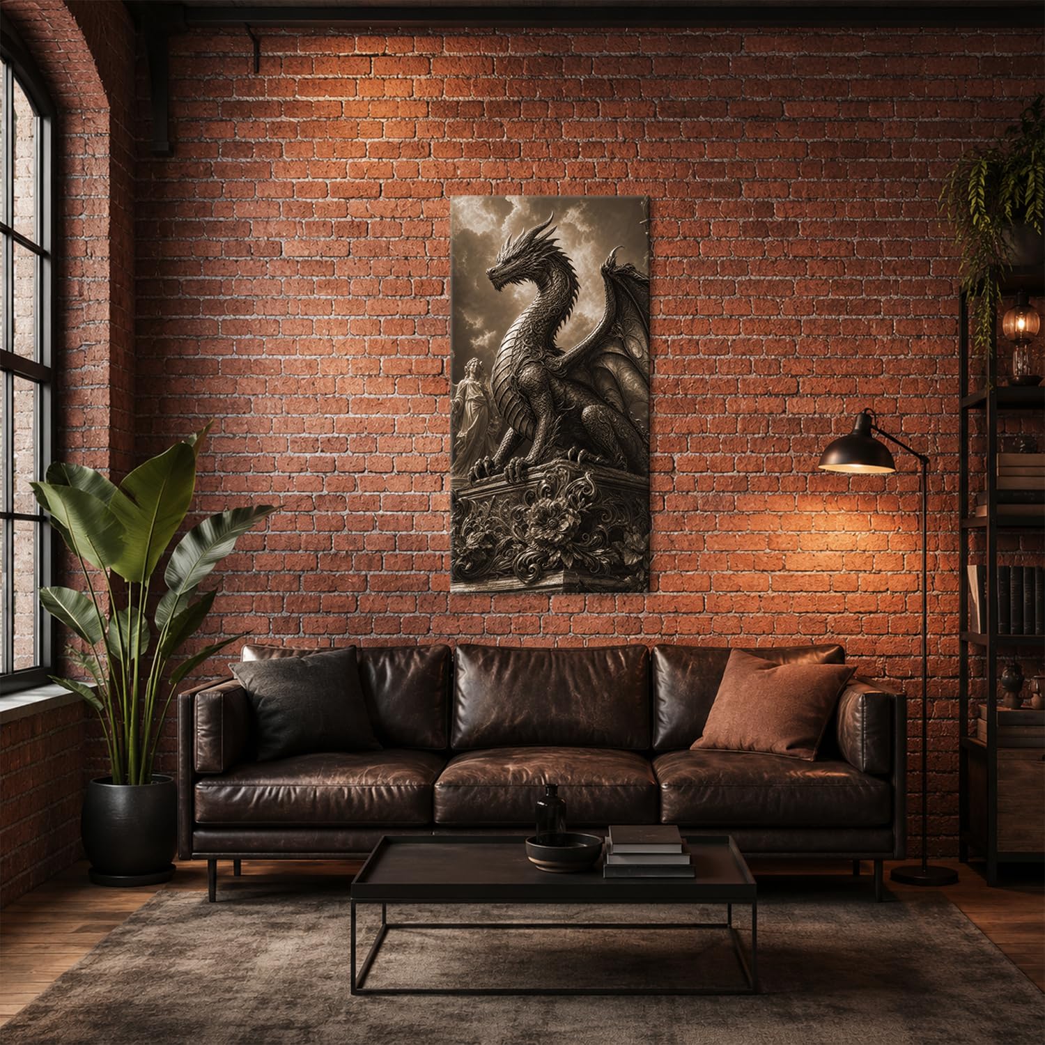 deyoli Obraz na płótnie Złoty smok statua przed niebem 100 x 50 cm Sepia