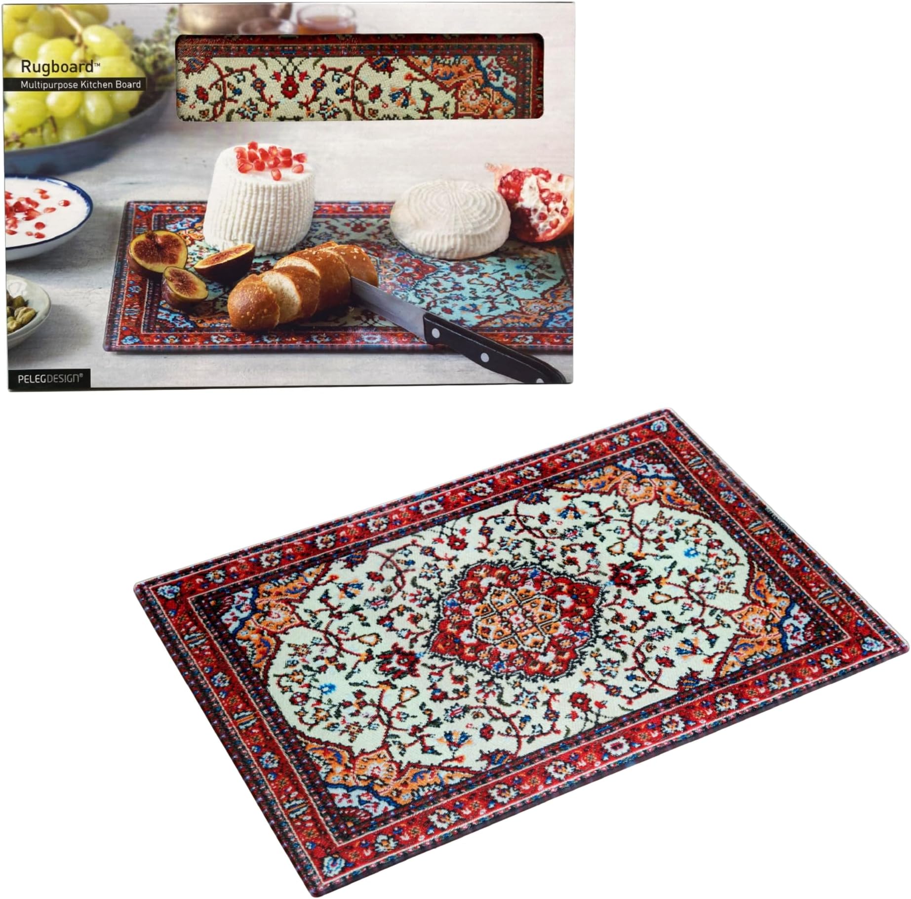 PELEG DESIGN Tempered Glass Cutting Board, 9.6" x 14.4" – Decorative Glass Cutting Board for Kitchen Counter, Heat & Shatter Resistant Chopping Board & Serving Tray, Magic Carpet Design (Rugboard)