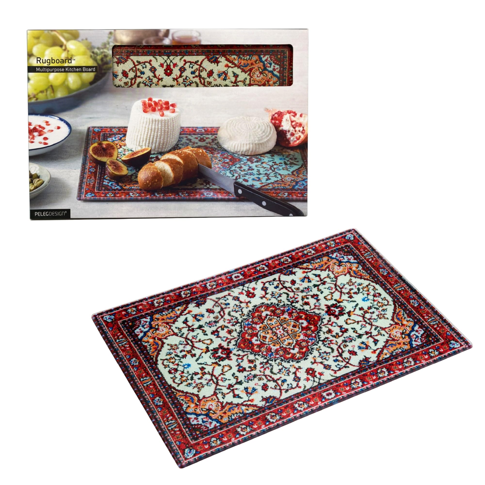 PELEG DESIGN Tempered Glass Cutting Board, 9.6" x 14.4" – Decorative Glass Cutting Board for Kitchen Counter, Heat & Shatter Resistant Chopping Board & Serving Tray, Magic Carpet Design (Rugboard)