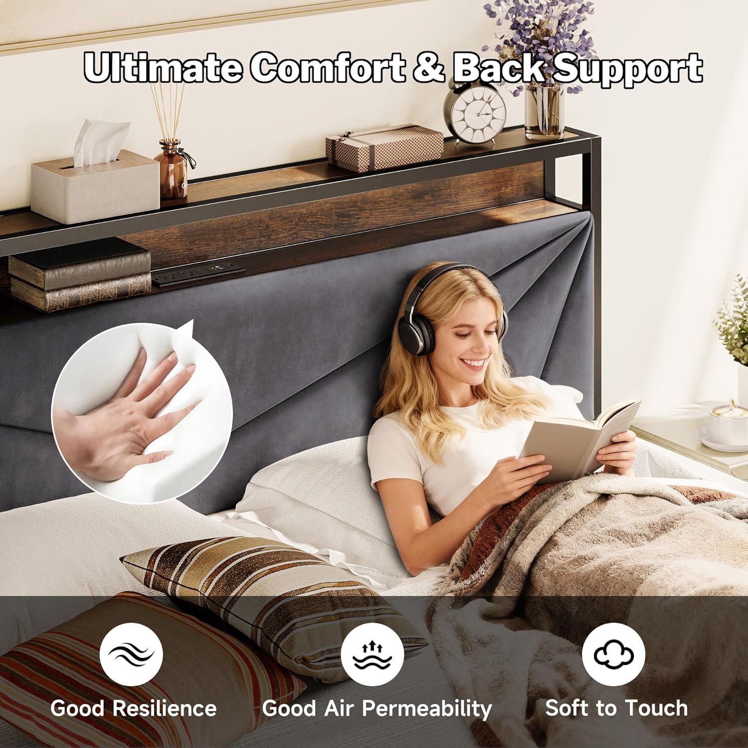 Queen Bed Frame with Headboard, Metal Platform Bed Frame Queen Size with Charging Station and LED Lights, Upholstered Bed Frame with Storage, No Box Spring Needed, Noise Free, Easy Assembly