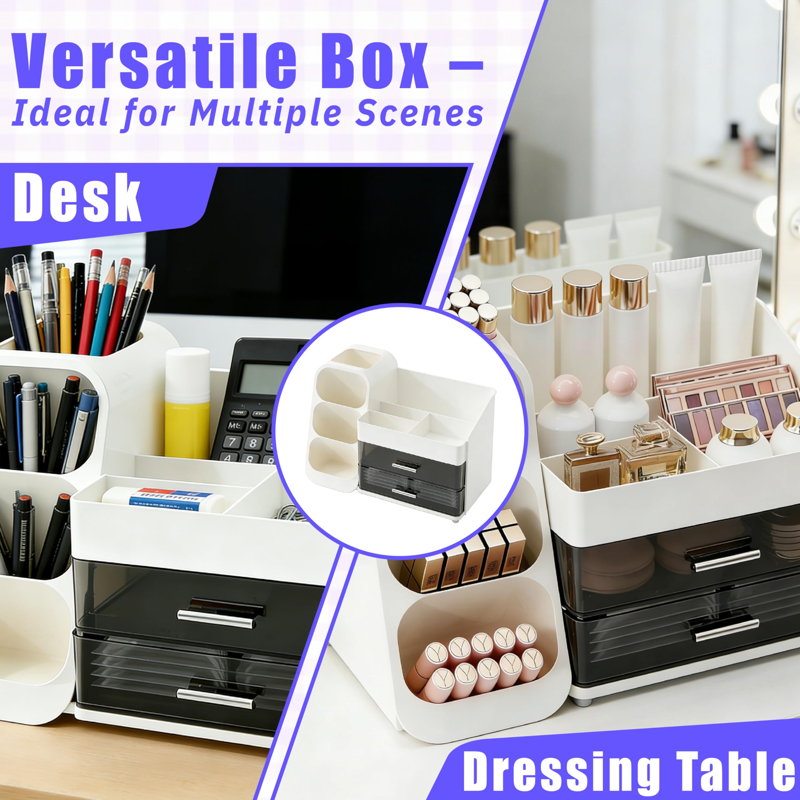 Großer Makeup Kosmetik Organizer mit Schubladen – 3-in-1 Aufbewahrungsbox für Pinsel & Kosmetik, stylischer weißer Aufbewahrungskasten für Ordnung und Stauraum auf dem Schminktisch