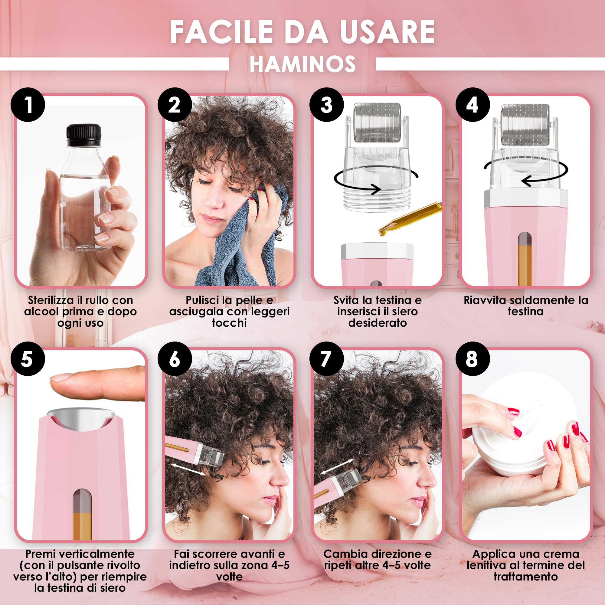 HAMINOS Derma roller 1 mm 3.0 con Serbatoio per Pelle, Capelli, Rughe, Smagliature, Iperpigmentazione APPLICAZIONE DEL SIERO ISTANTANEO, 520 aghi in titanio