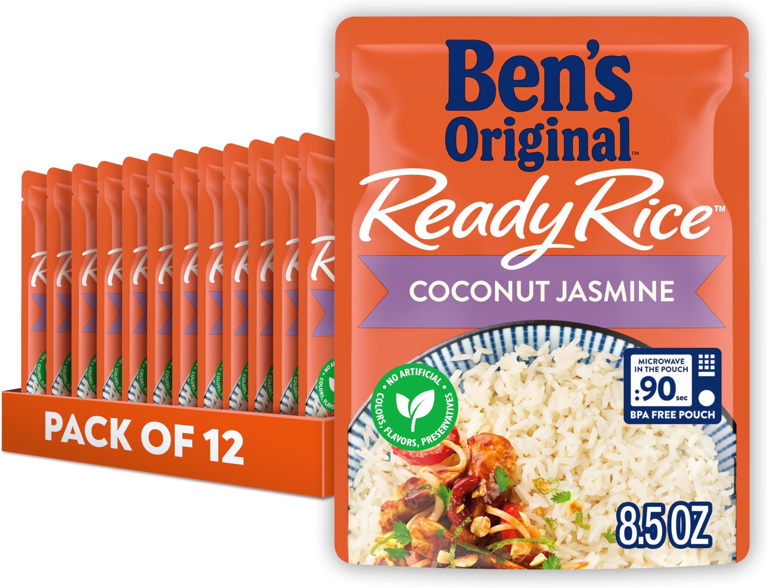 BEN'S ORIGINAL Ready Rice Coconut Jasmine Flavored Rice, Easy Dinner Side, 8.5 oz Pouch (Pack of 12)