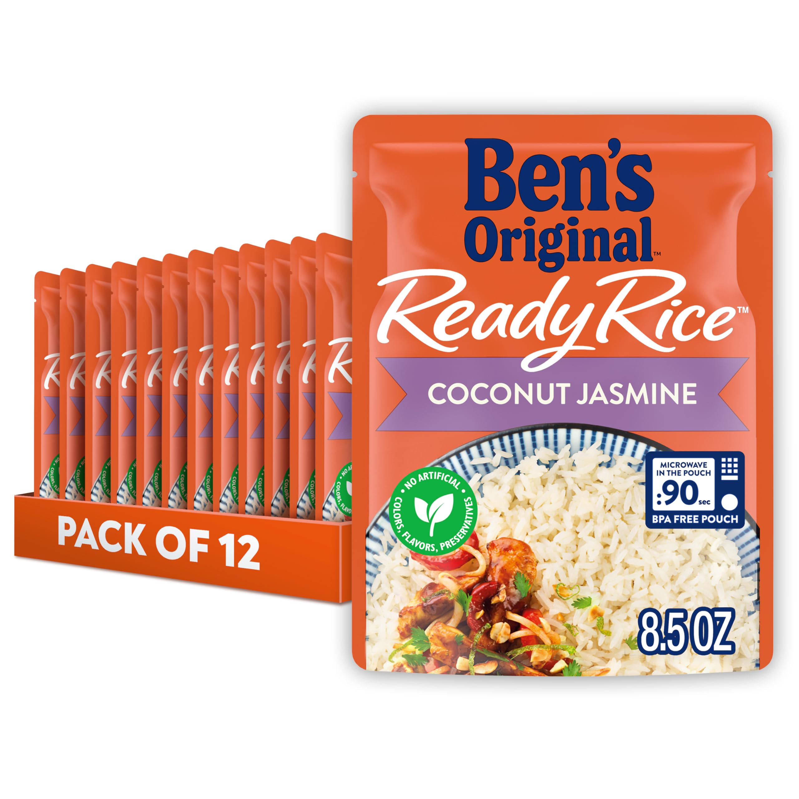 BEN'S ORIGINAL Ready Rice Coconut Jasmine Flavored Rice, Easy Dinner Side, 8.5 oz Pouch (Pack of 12)
