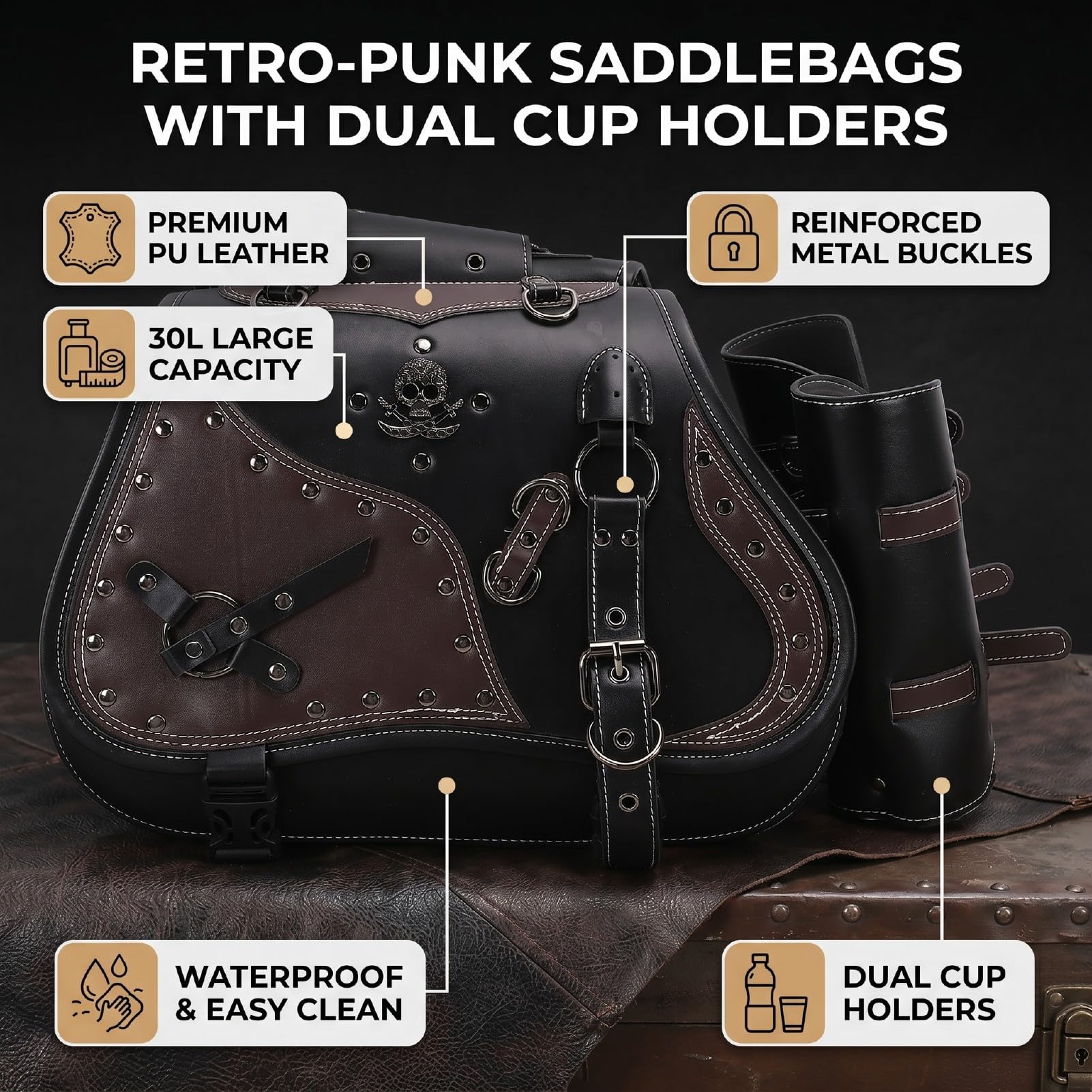 Yctze Uniwersalne Sakwy Motocyklowe 30L PU Skórzane Torby Boczne z klamrą w Kształcie ćwieków do Większości Motocykli Iron Shadow Vulcan