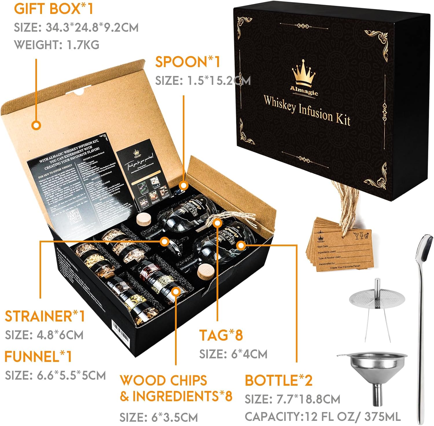 Whiskey Infusion Kit Gift for Men | DIY Whiskey Set to Create Own Flavor | Includes 4 Wood Chips, 8 Ingredients, Complete Tools, and Infusion Recipes, Unique Gifts for Him (Alcohol Not Included) Large-2 bottles & 8 ingredients & 4 wood chips