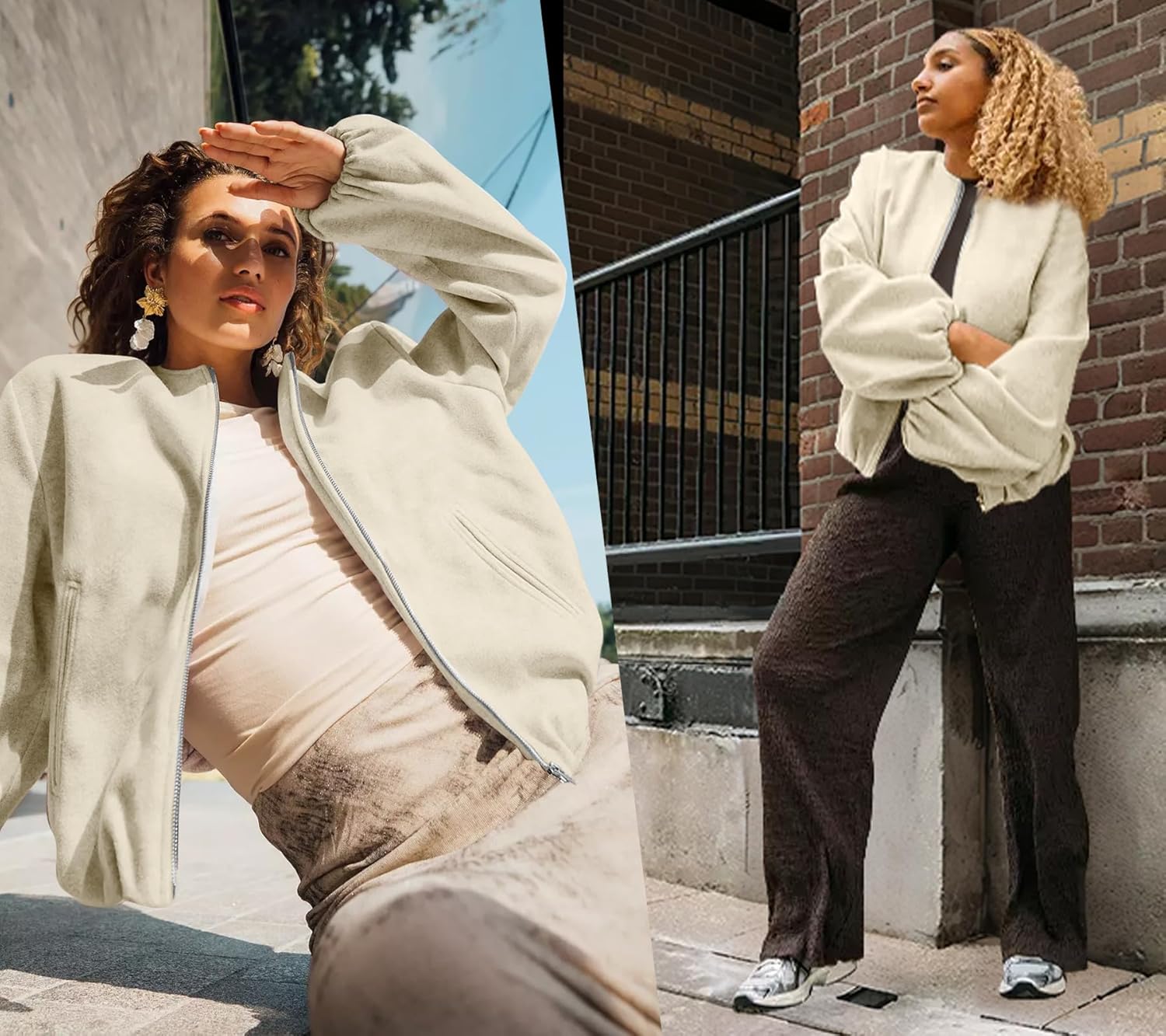 Womens Wool Blend Bomber Jackets Fall Winter Cropped Zip Up Coat Hoodless Outwear with Pockets - Image 2