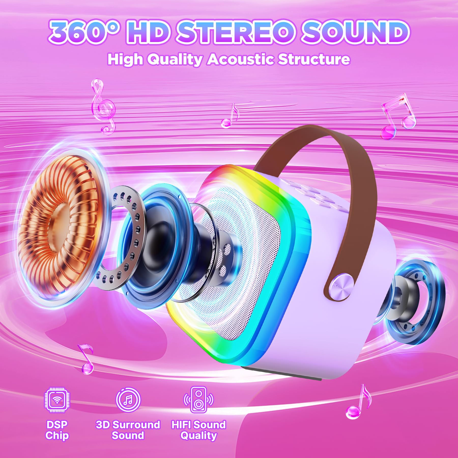 Gontence Karaoke con 2 Microfono Bambini - Macchina Musicale con Luce LED - Regalo per Bambine 3-12 Anni - Giocattolo Giochi Bambina 3-12 Anni -Mini Microfono Viola per Karaoke