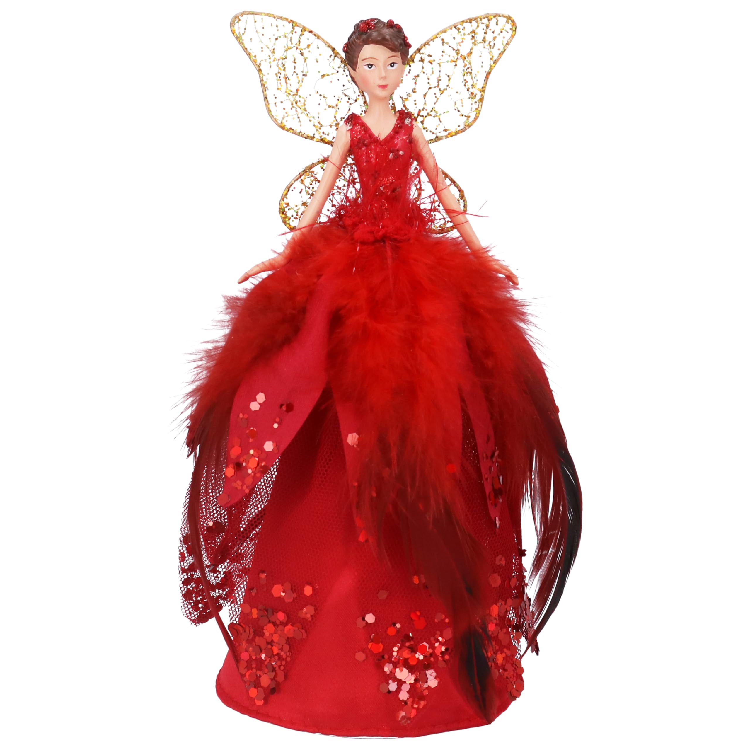 Gisela Graham Red Fairy Christmas Tree Topper, Feather Skirt, 18Cm