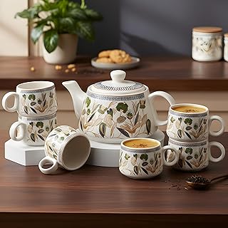 CRAF10 Handcrafted Ceramic Botanic Gold Teapot Cup Set - 1 Kettle (1 Litre) & 6 Cups (160 ML), Microwave & Dishwasher Safe Price In India