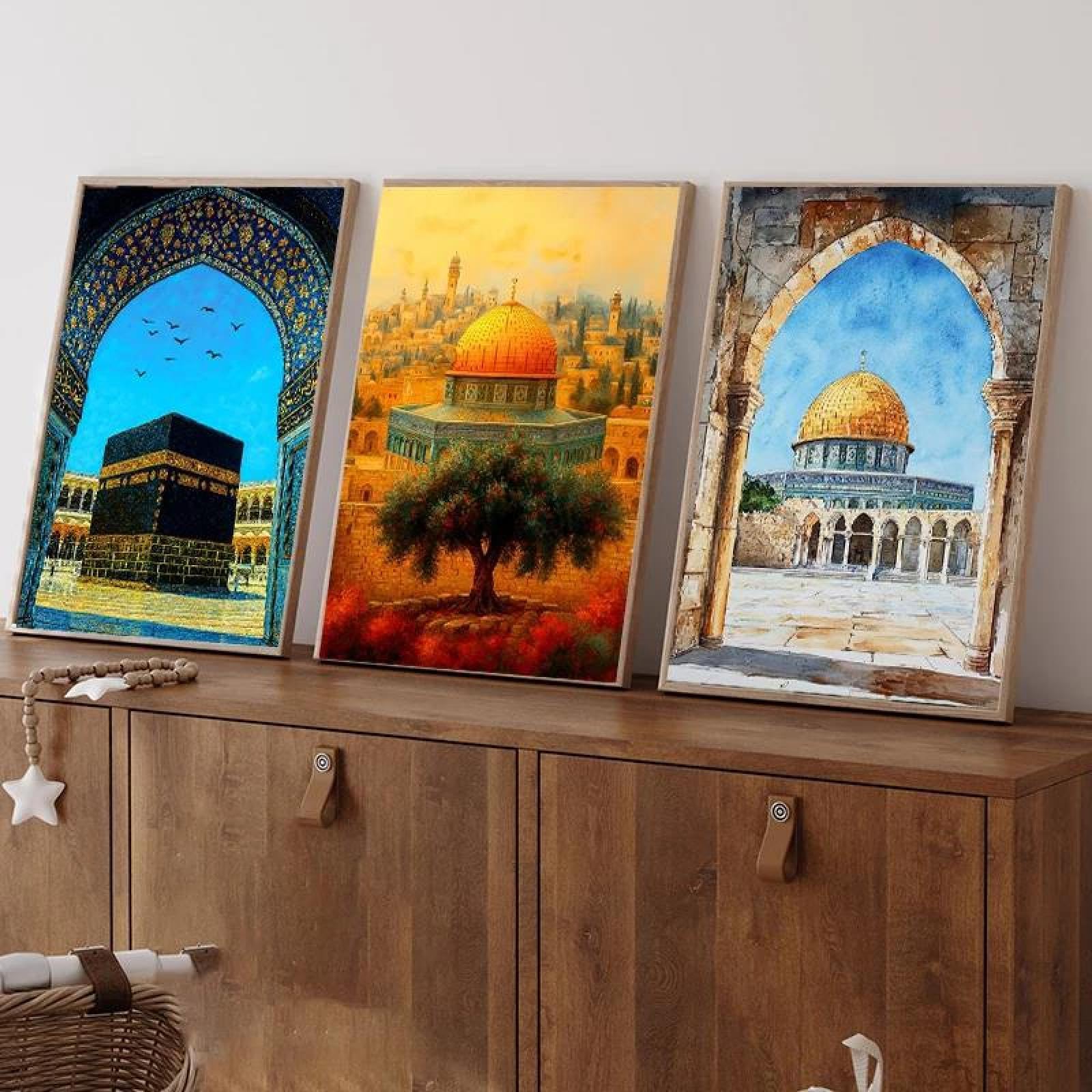 Baibexing Watercolor Islamic Mosque Kaaba Poster Prints Muslim Scripture Canvas Painting Wall Art Picture Living Room Office Home Decor 60X80Cmx3Pcs Unframed