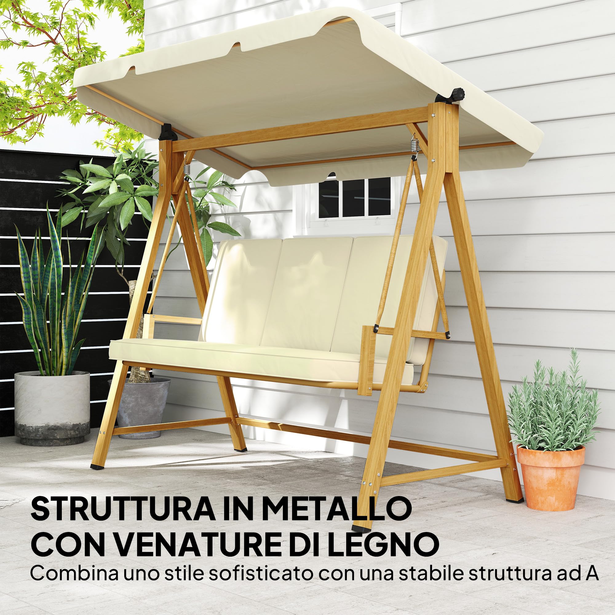 Outsunny Dondolo da Giardino 3 Posti con Tettuccio Parasole Regolabile, Dondolo da Esterno con Cuscini e Struttura in Metallo Effetto Legno, Portata Fino a 330 kg, UV 30+, 195x120x170 cm, Beige