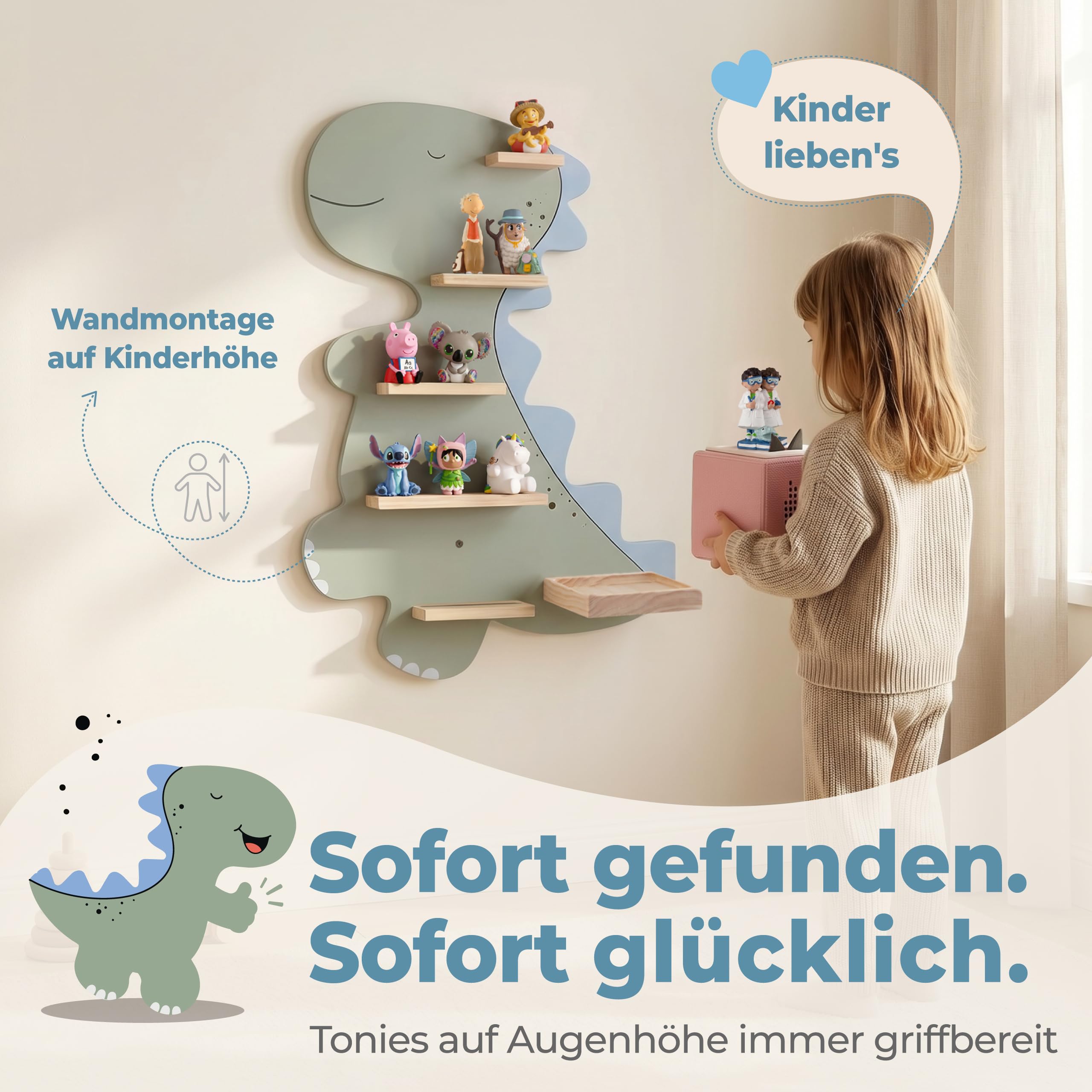 Little Goldie® Tonie Regal - für Tonie Figuren (magnetisch) und Box - Dino Motiv für Jungen und Mädchen - hängend - für Toniebox 1 und 2