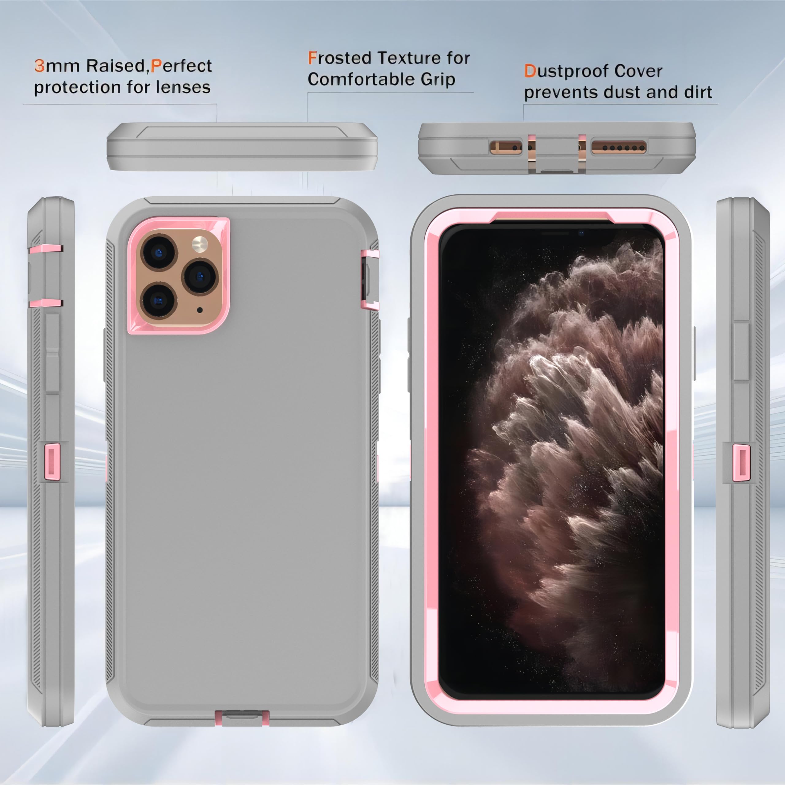 YmhxcY for iPhone 11 Pro Max Case 6.5-Inch with Explosion-Proof Screen Protector,3 in 1 Shockproof TPU Hard PC Bumper Drop-Proof Shell for iPhone 11 Pro Max-Gray/Pink - Image 3