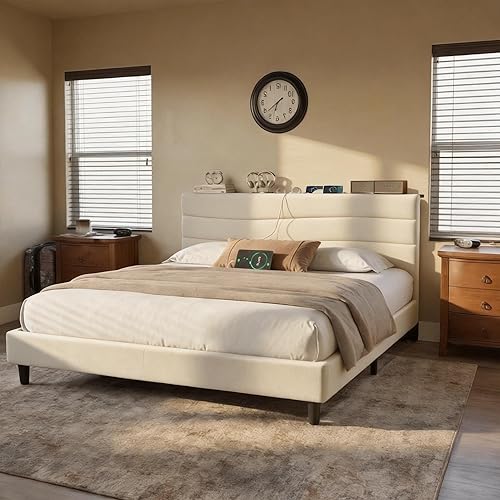 Miniatura 4 de EnHomee Base de cama tamaño King, base de cama King tapizada con estaciones de carga, cabecera de almacenamiento ajustable, dormitorio, apartamento,