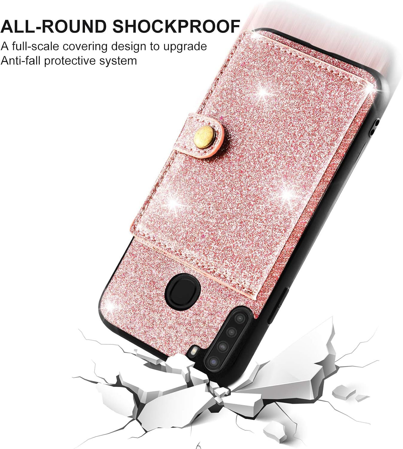 Samsung Galaxy A21 Wallet Case, [US Version] PU Leather with Credit Card Holder Wireless Charging Shockproof Protective Cover Case for Samsung Galaxy A21 (Glitter Pink)